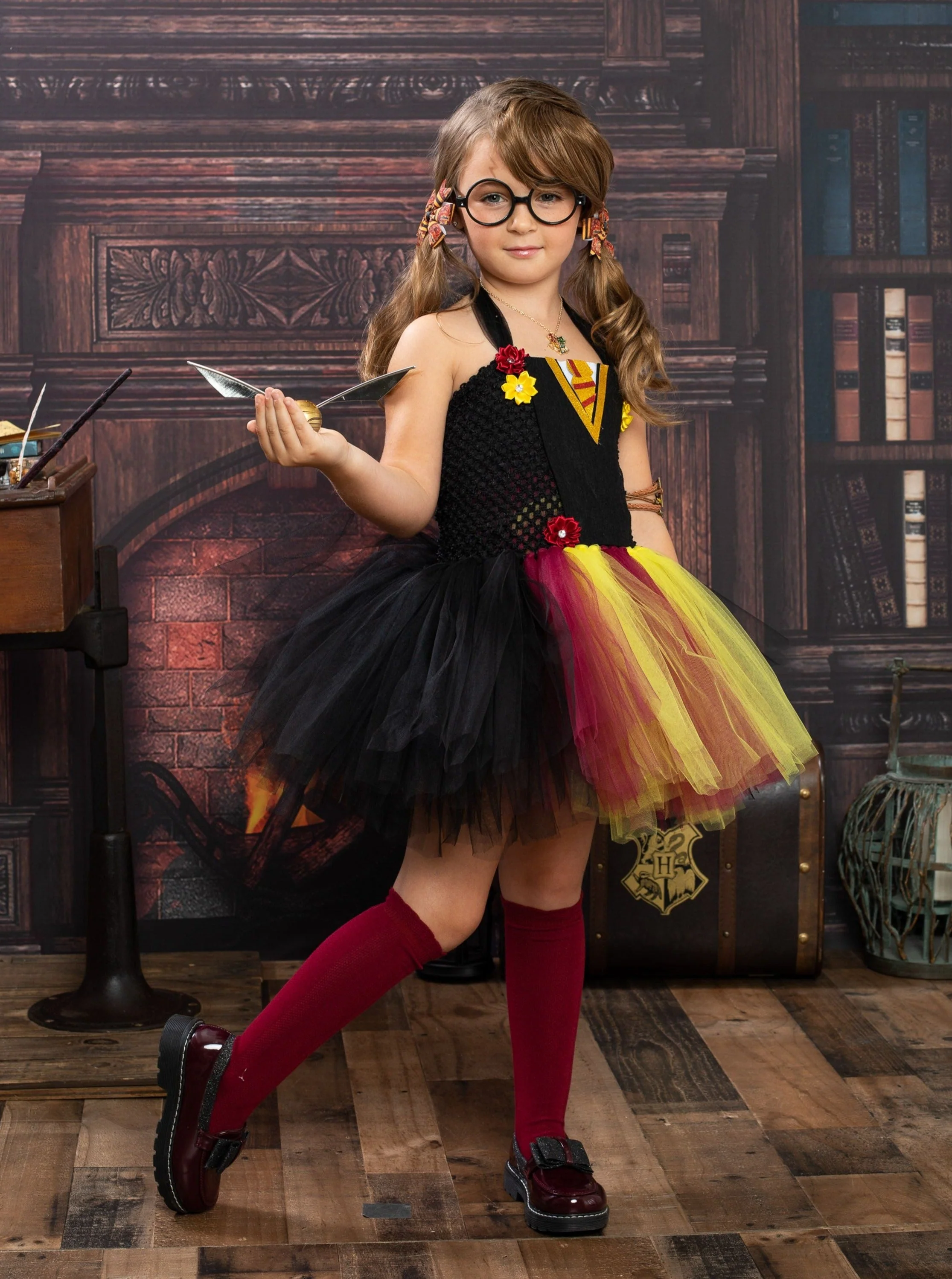 Girls Red and Gold Wizard School Tutu Costume Dress with Wand - Image 3