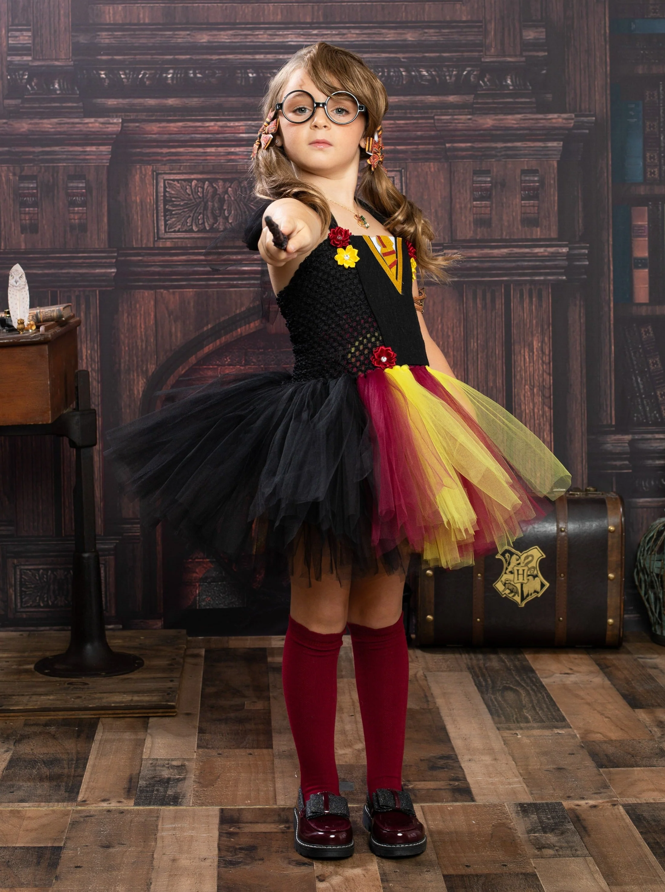 Girls Red and Gold Wizard School Tutu Costume Dress with Wand - Image 4