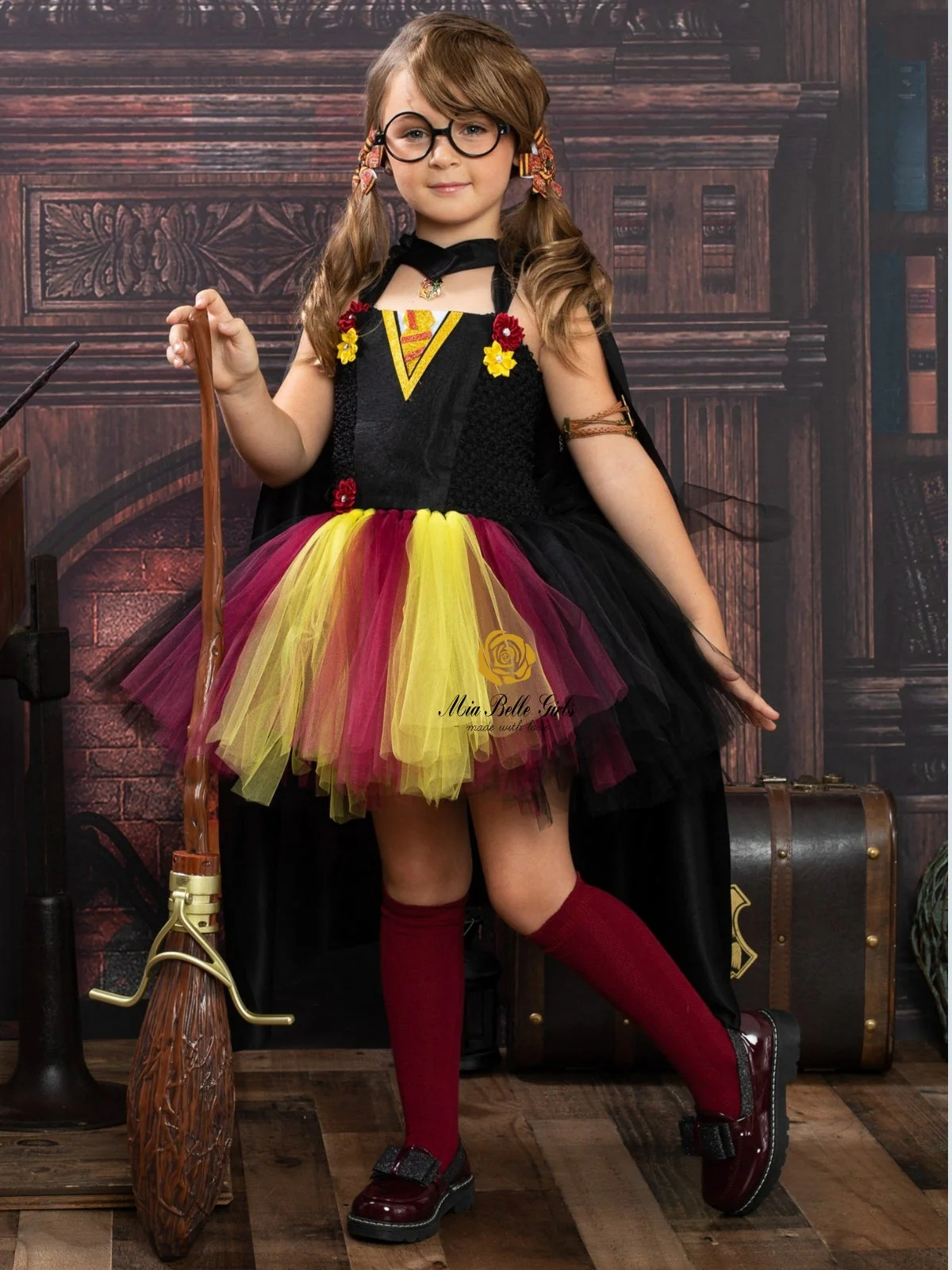 Girls Red and Gold Wizard School Tutu Costume Dress with Wand - Image 6