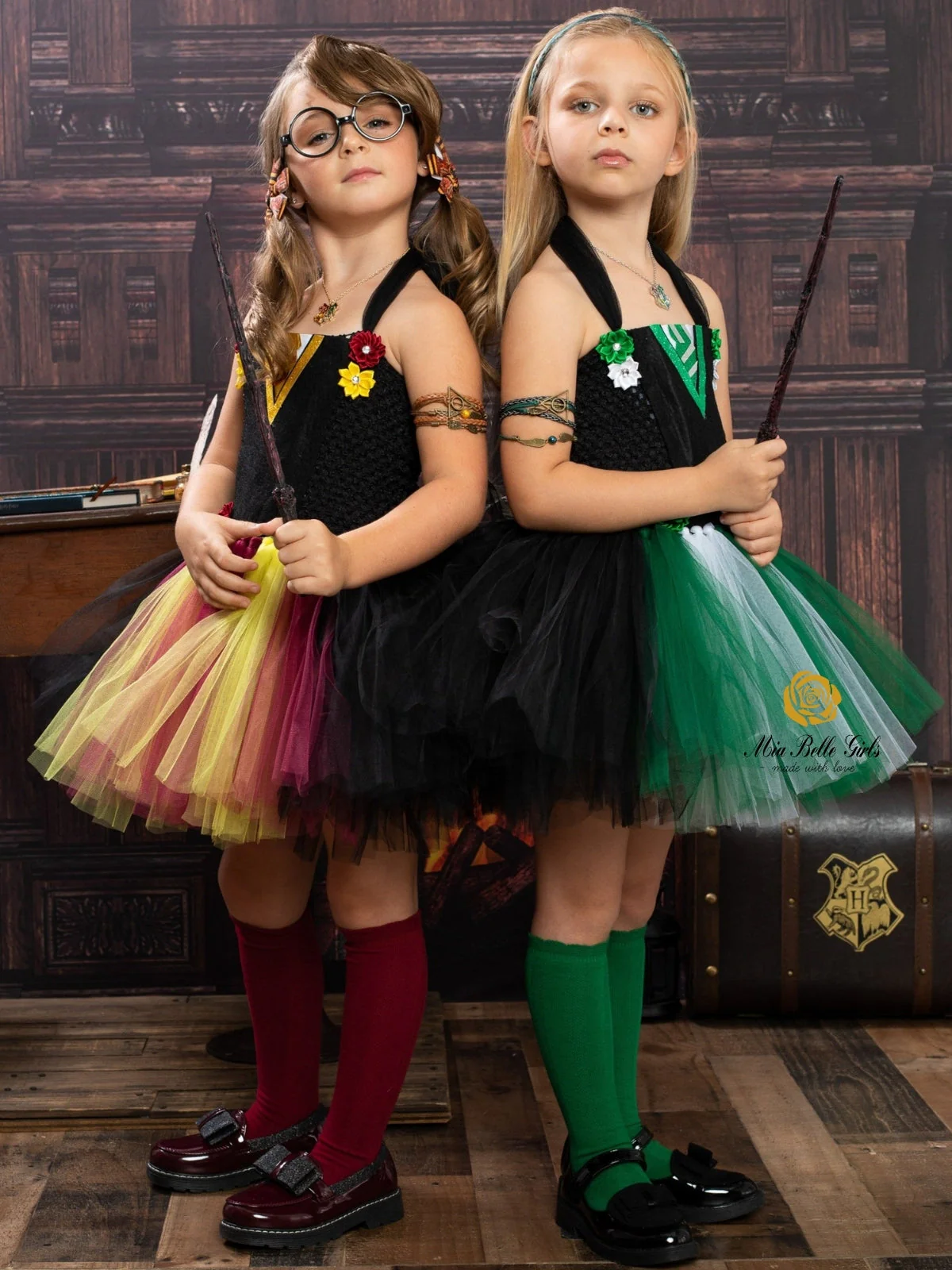 Girls Red and Gold Wizard School Tutu Costume Dress with Wand - Image 7