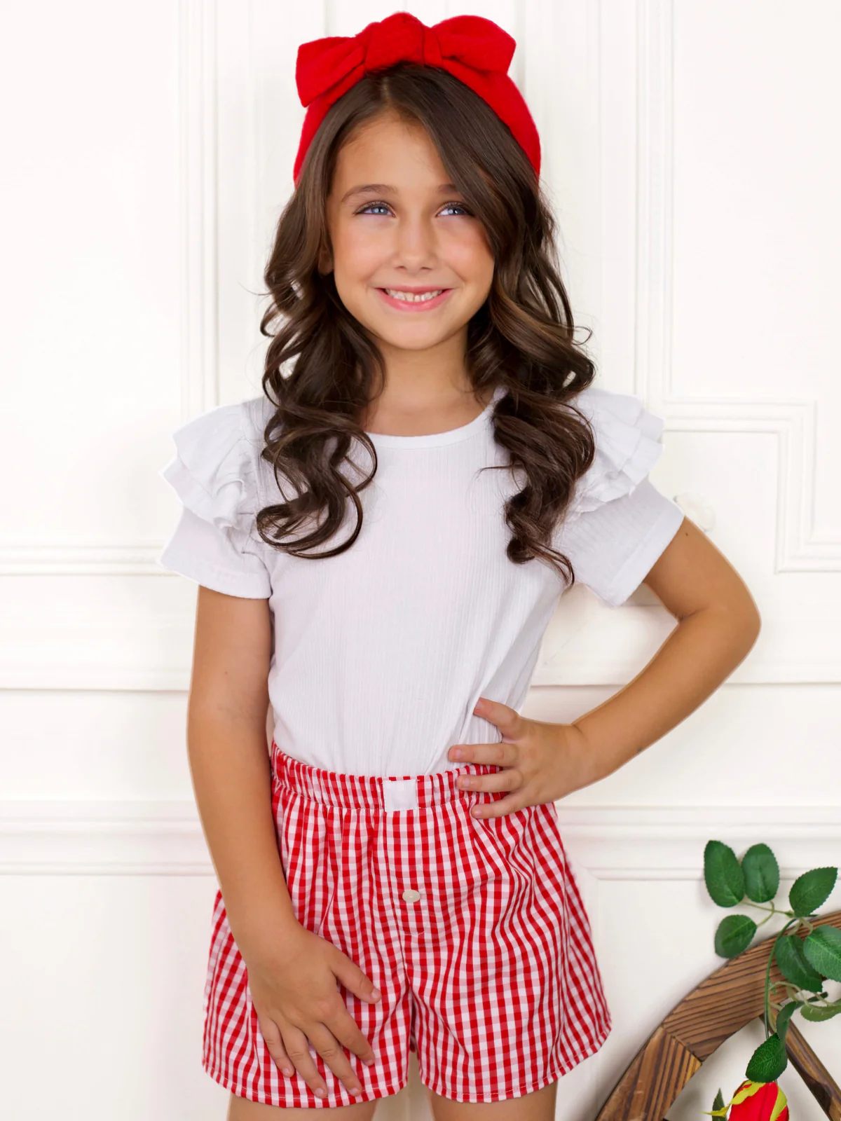 Girls Red Gingham Summer Shorts - Image 4