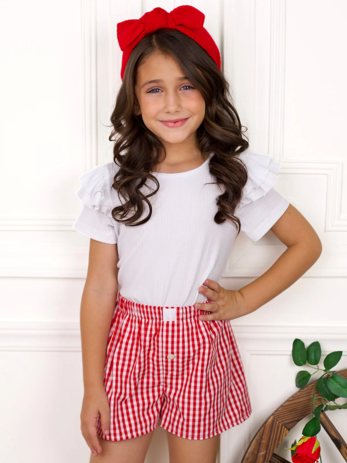 Girls Red Gingham Summer Shorts - Image 6