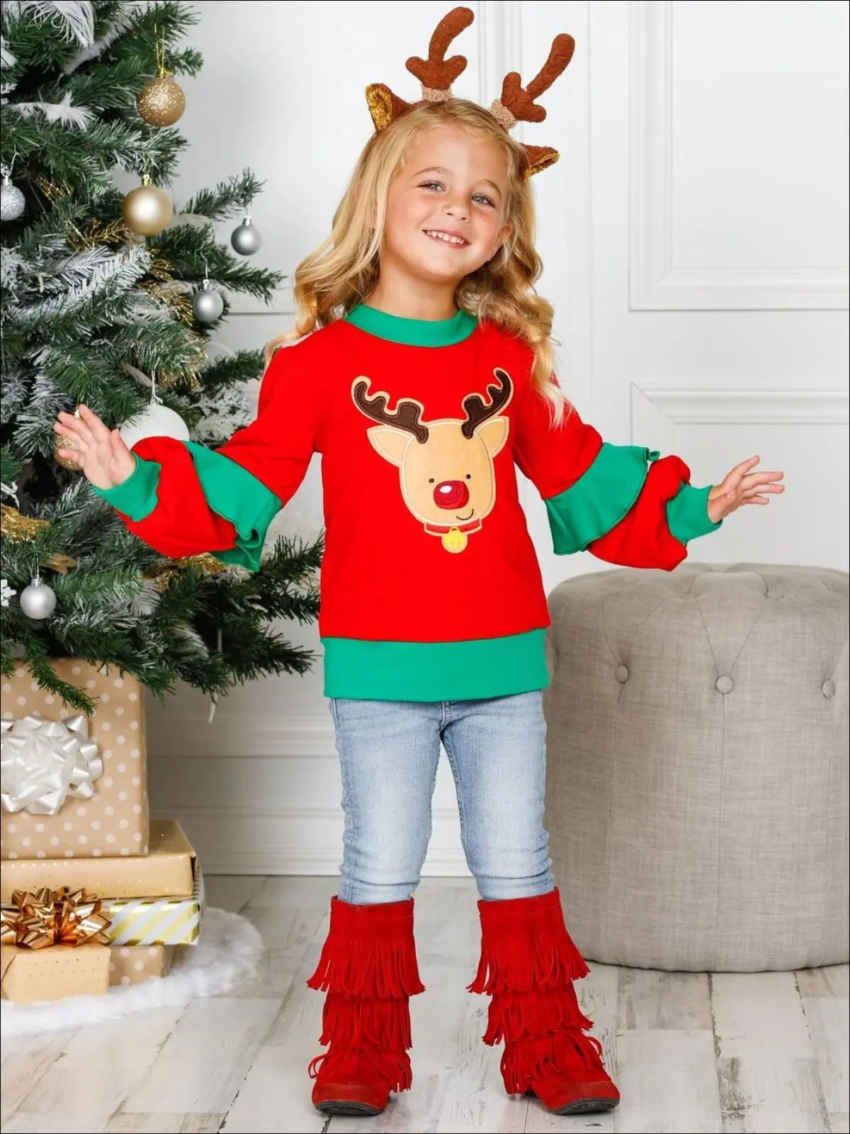 Rudolph Ruffle Tiered Sleeve Holiday Sweatshirt - Image 2
