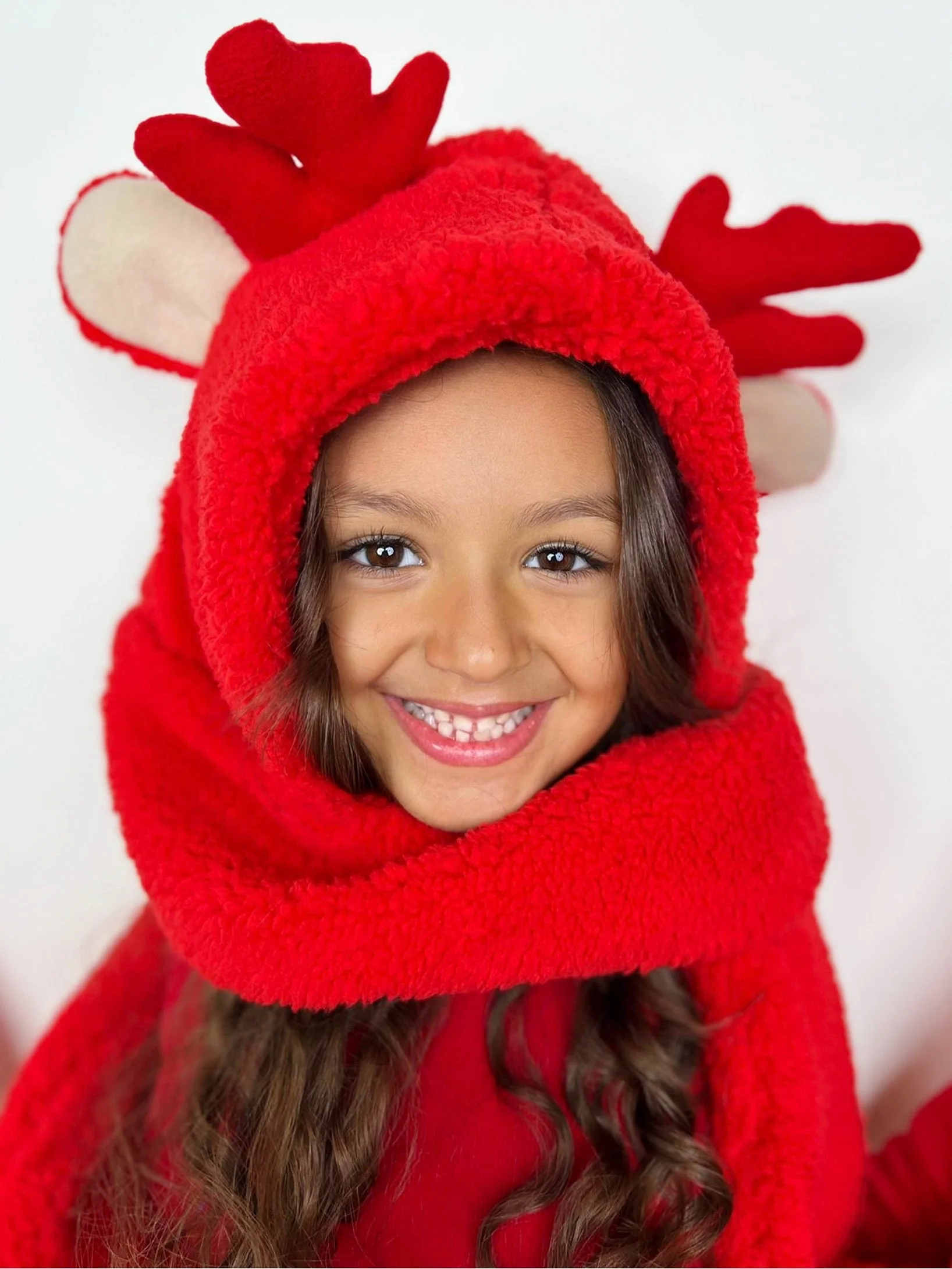 Girls Red Nosed Reindeer Hooded Pocket Scarf - Image 2