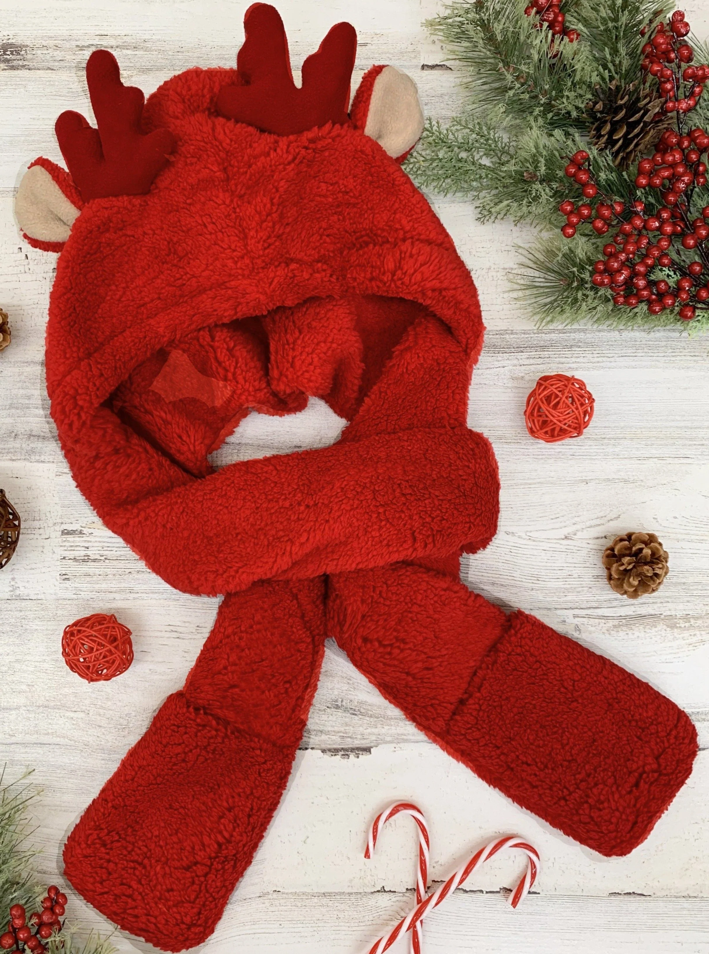 Girls Red Nosed Reindeer Hooded Pocket Scarf - Image 3