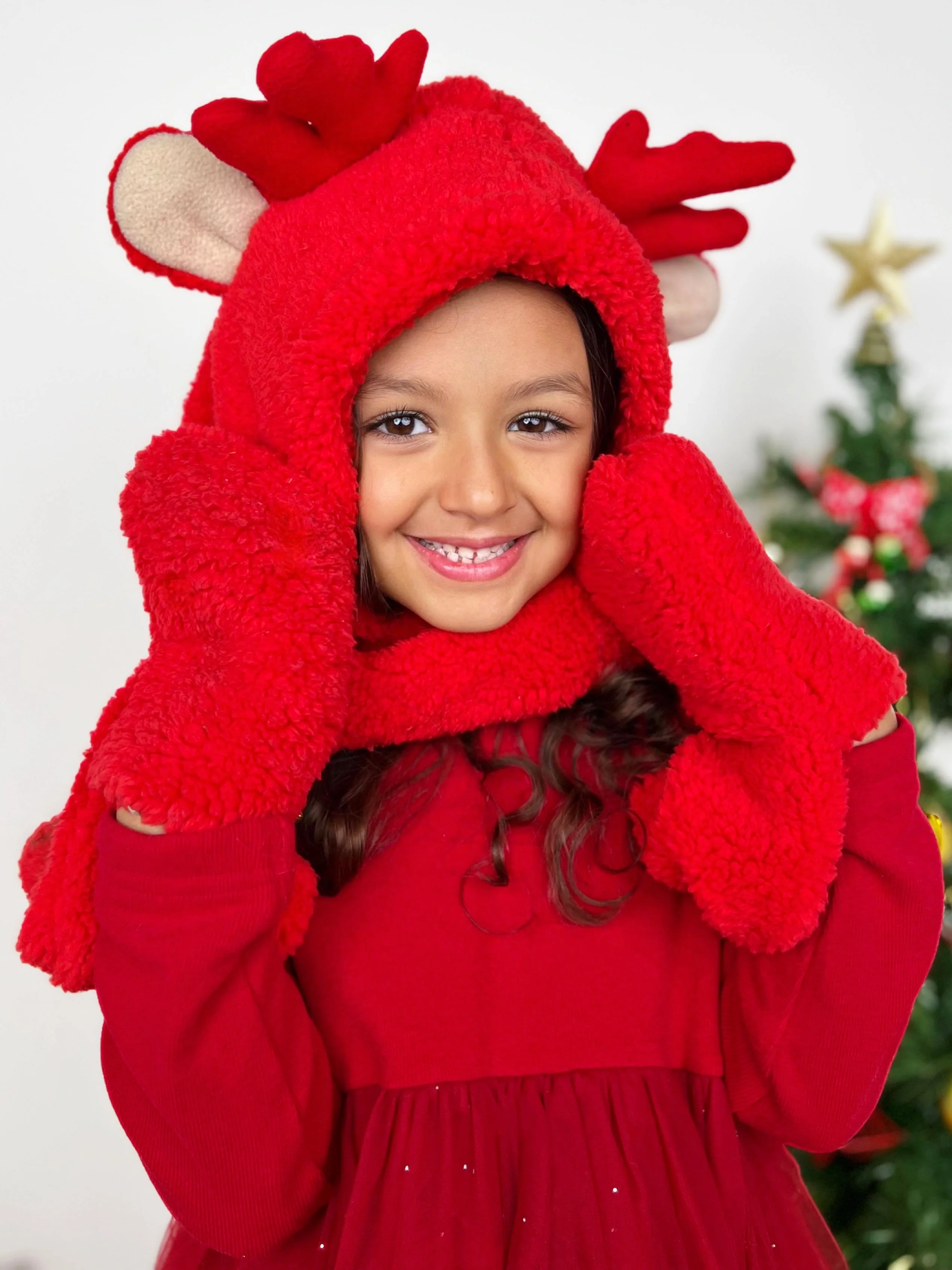 Girls Red Nosed Reindeer Hooded Pocket Scarf - Image 4