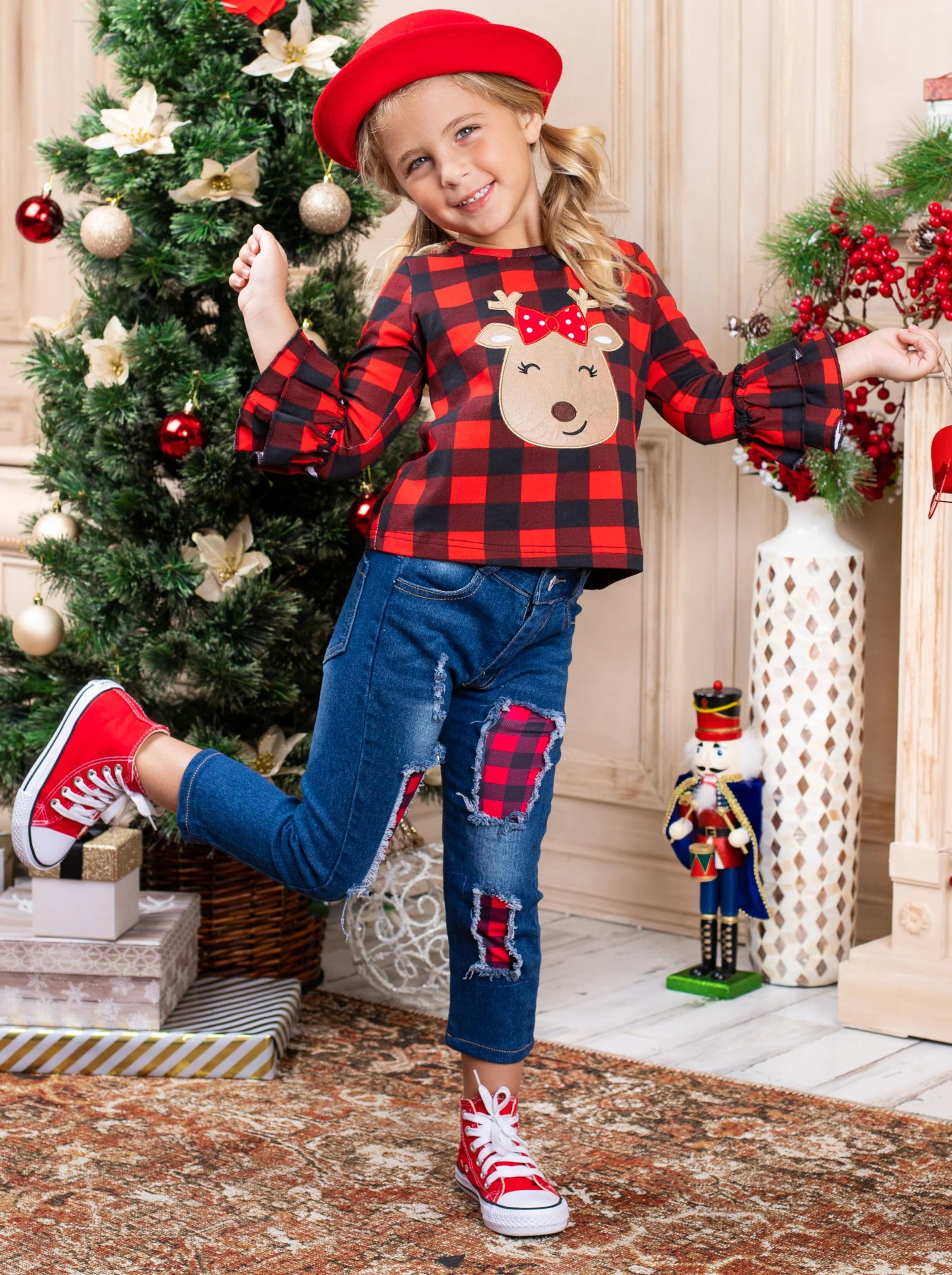 Happy Reindeer Plaid Patched Jeans Set - Image 2