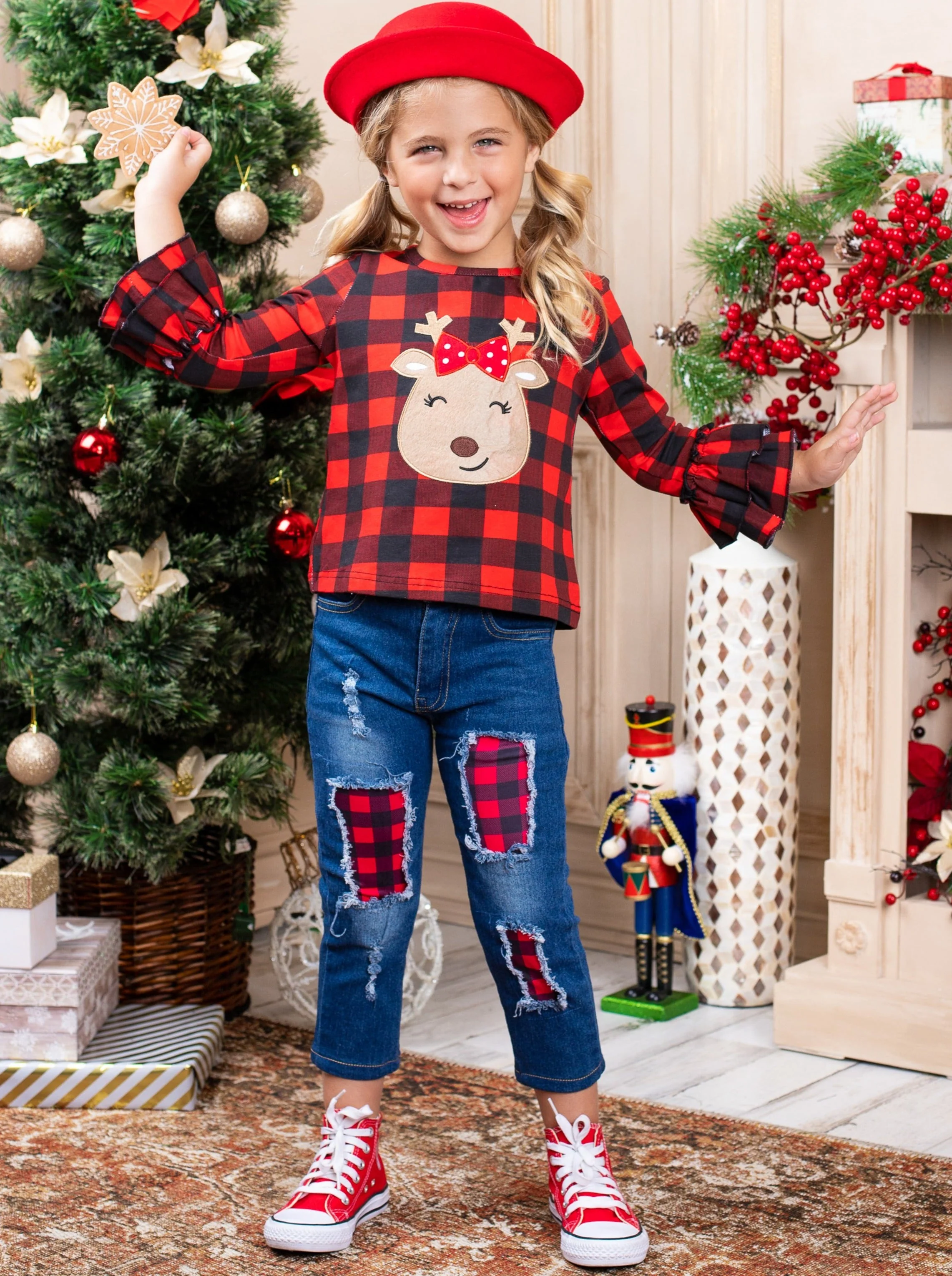 Happy Reindeer Plaid Patched Jeans Set - Image 3