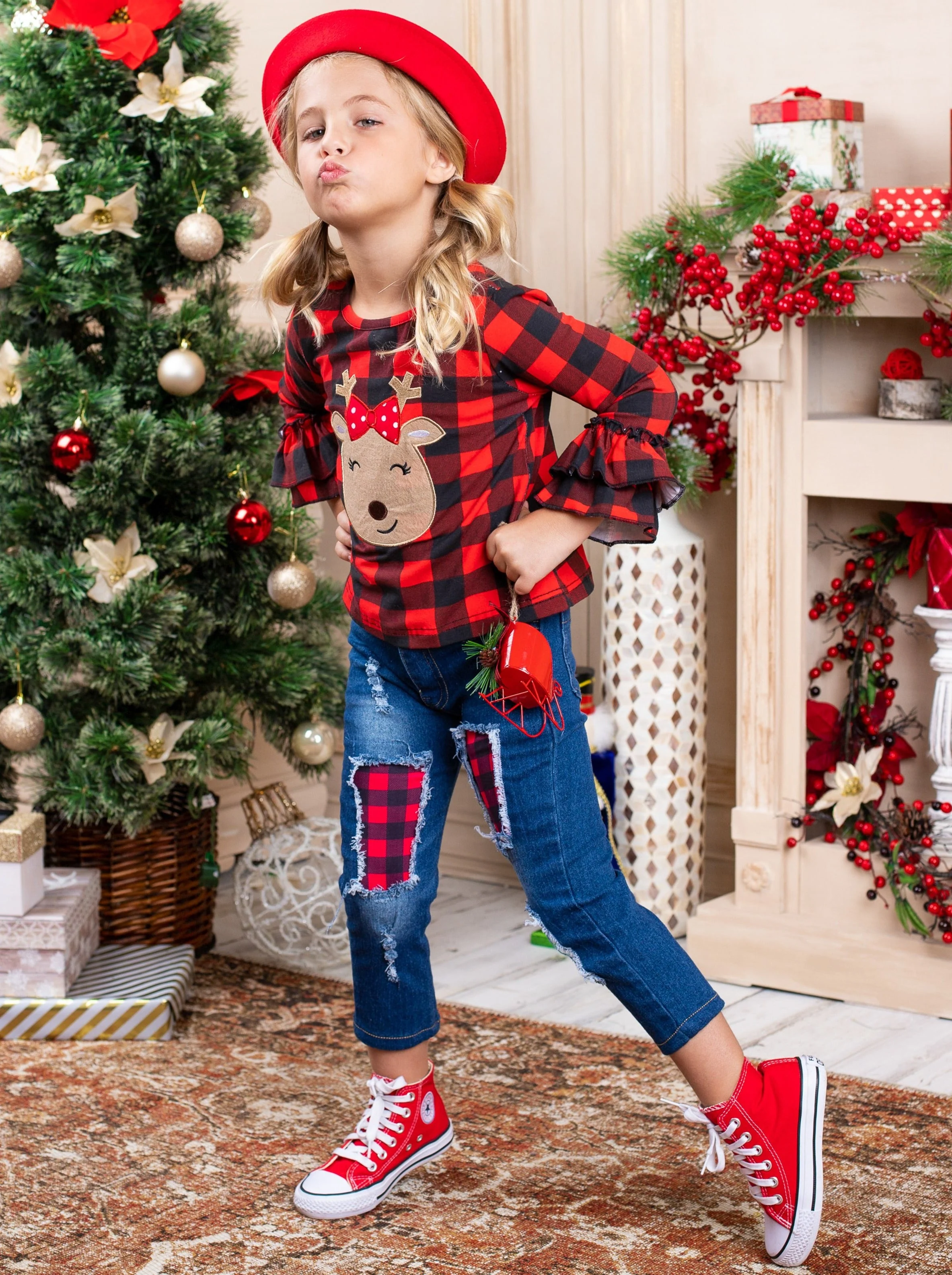 Happy Reindeer Plaid Patched Jeans Set - Image 4