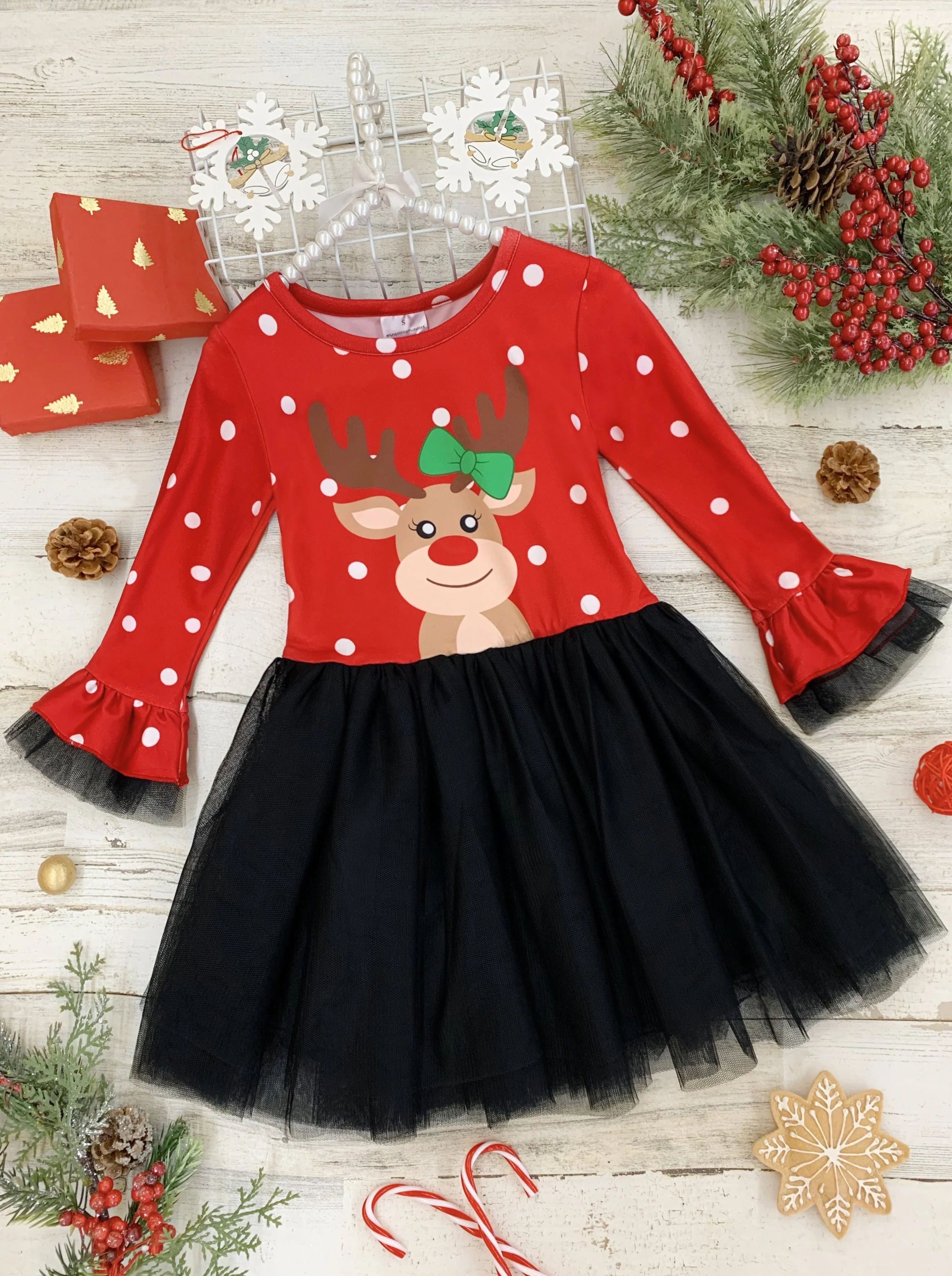 Red Nosed Reindeer Polka Dot Tutu Dress - Image 3