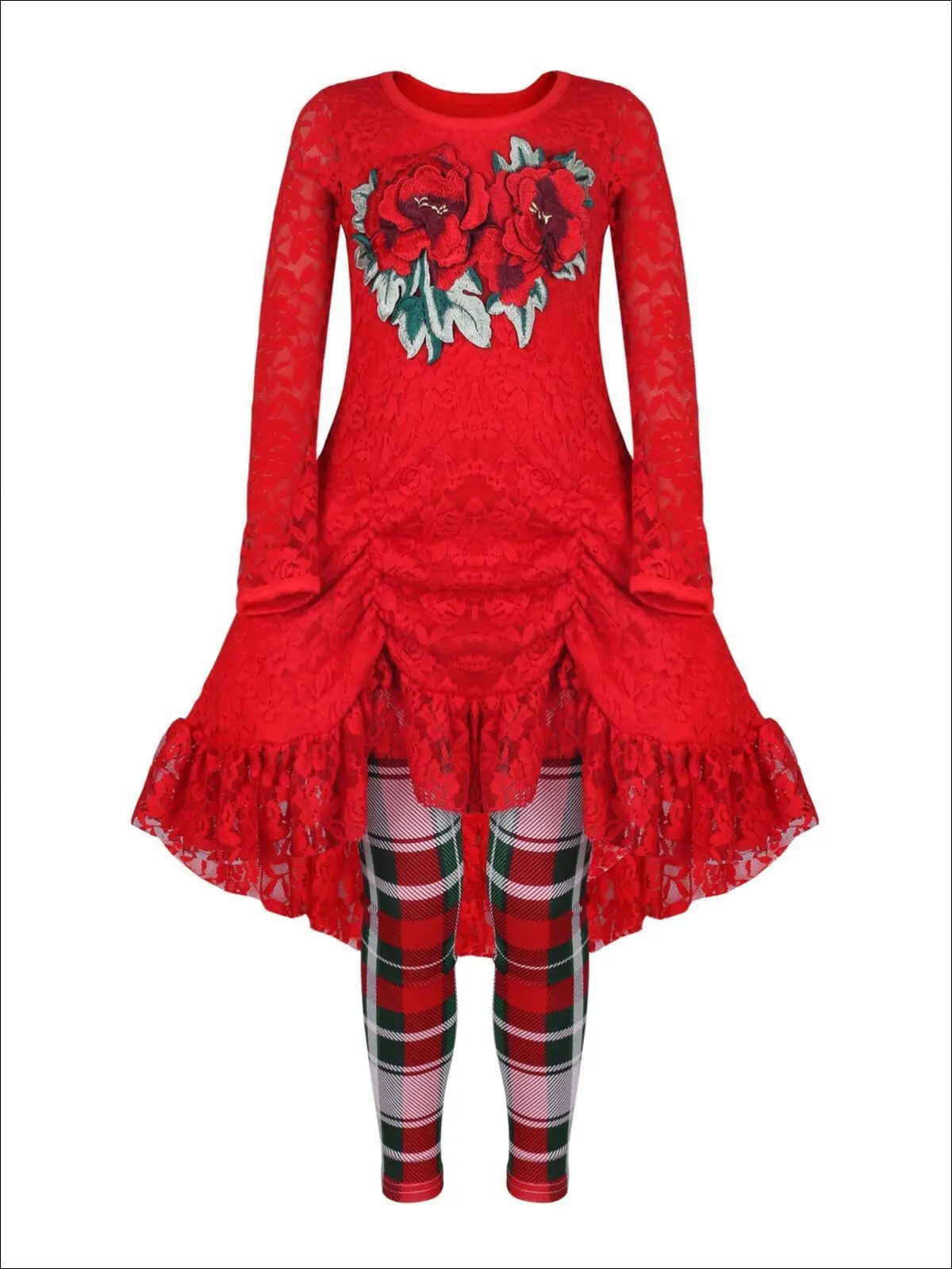 Girls Red Drawstring Lace Tunic And Plaid Legging Set - Image 2