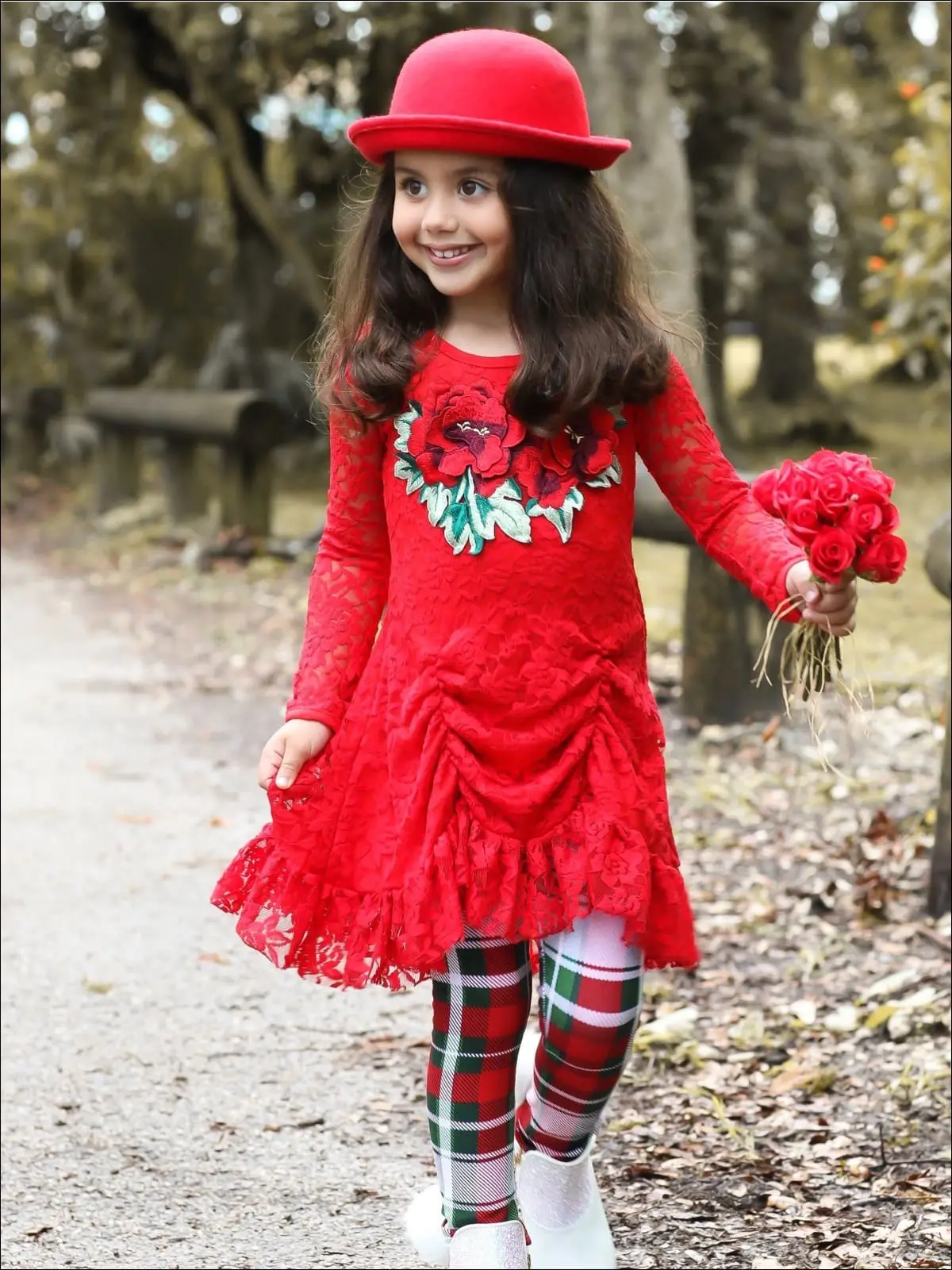 Girls Red Drawstring Lace Tunic And Plaid Legging Set - Image 3