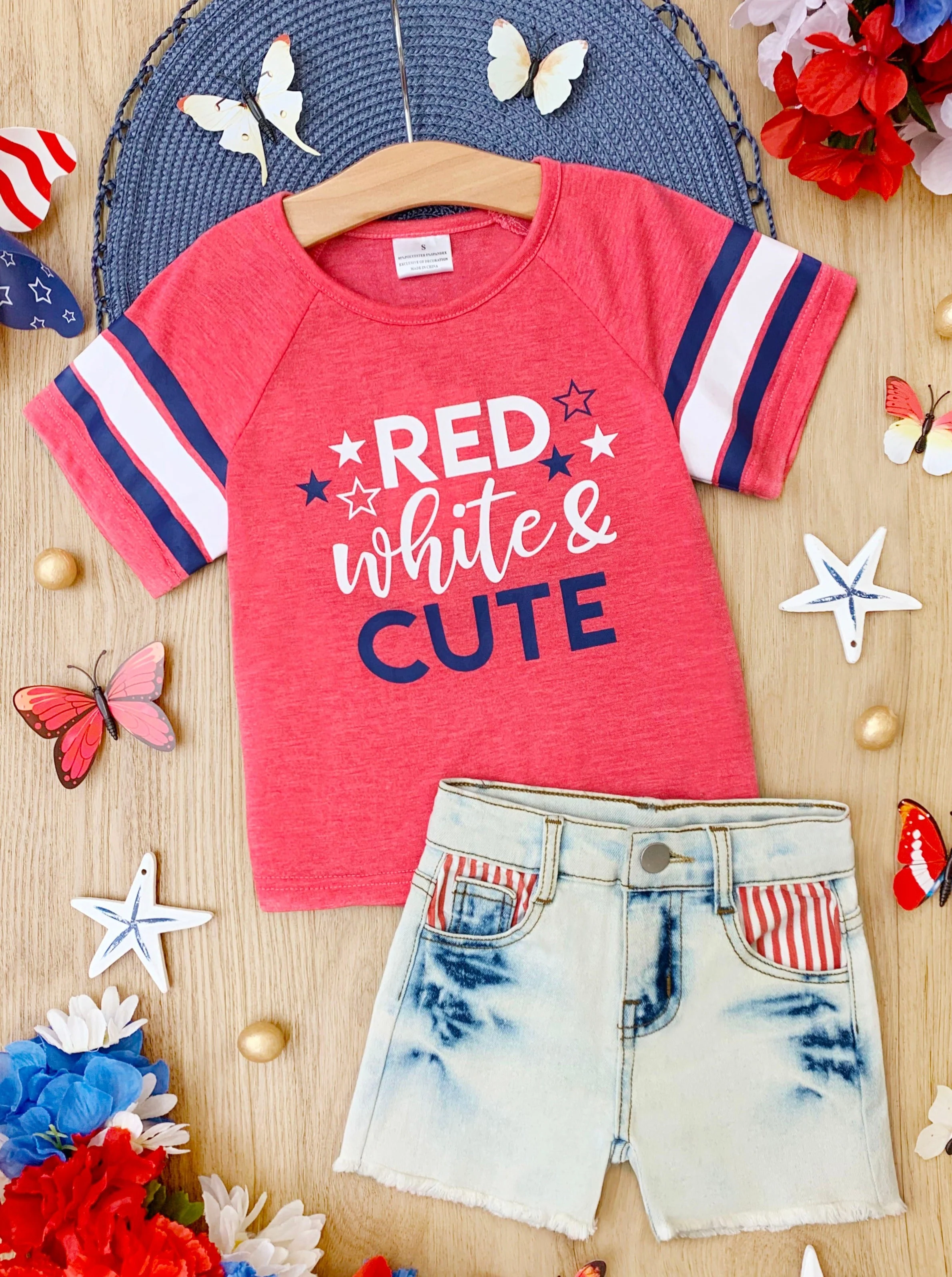 Red, White, and Cute Denim Shorts Set - Image 2