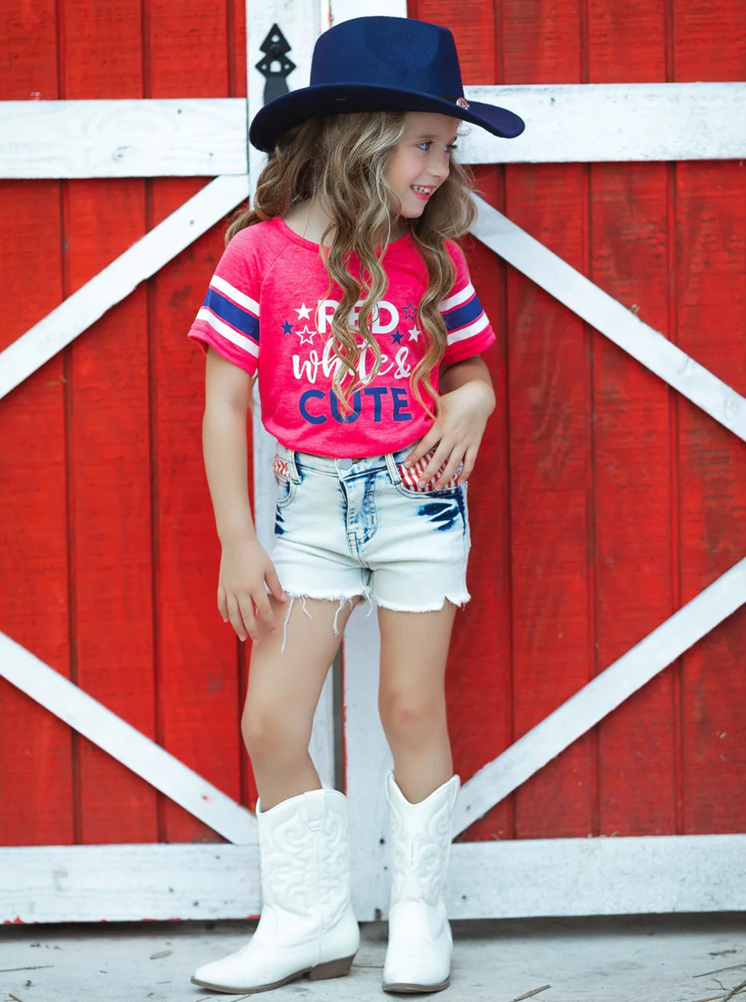 Red, White, and Cute Denim Shorts Set - Image 3