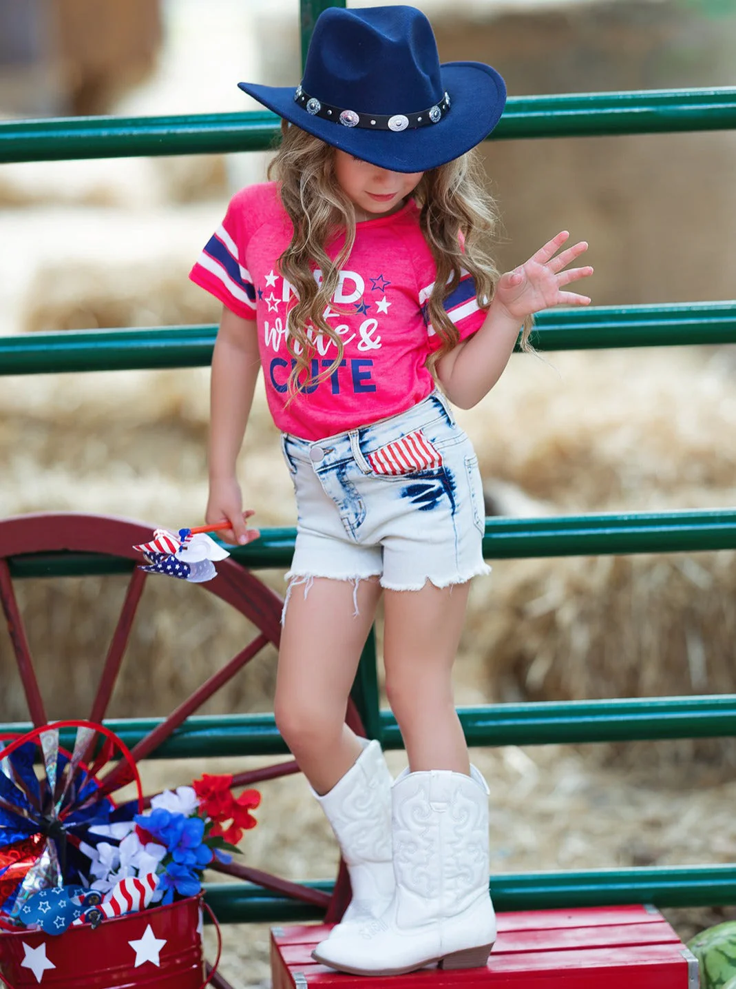 Red, White, and Cute Denim Shorts Set - Image 4