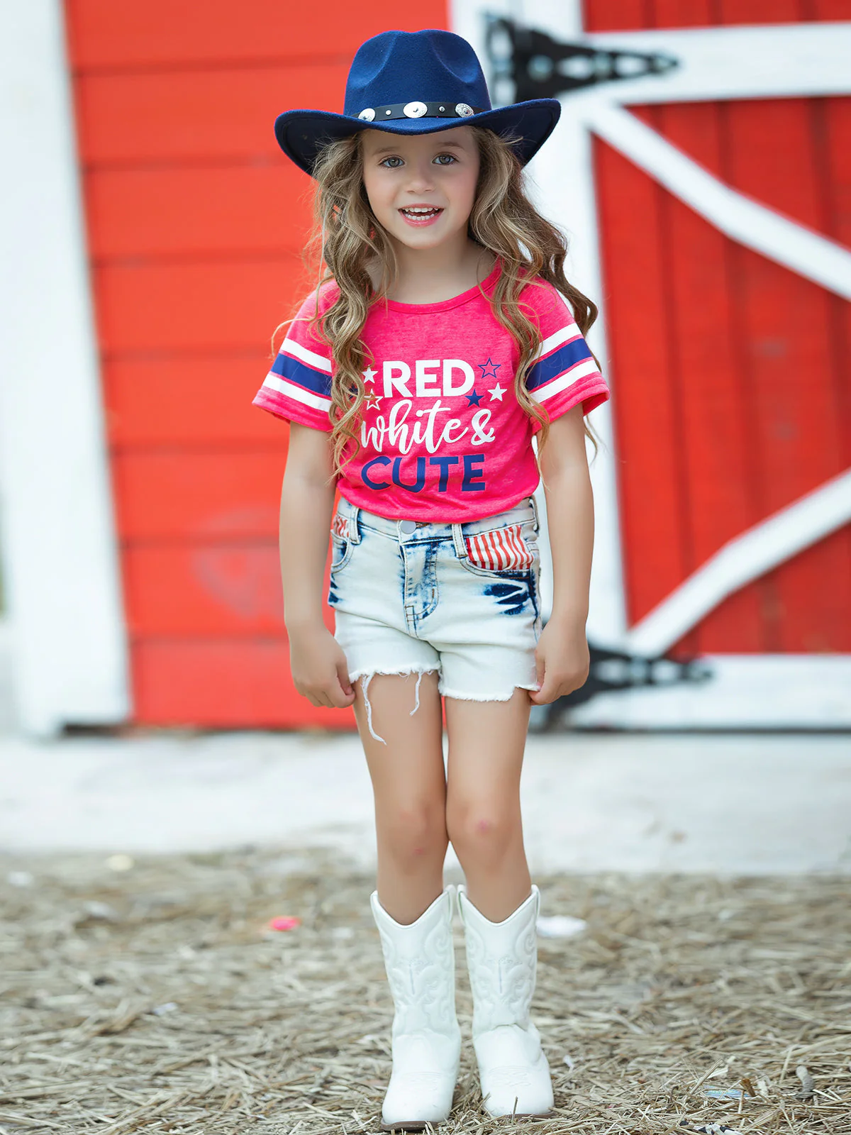 Red, White, and Cute Denim Shorts Set - Image 5