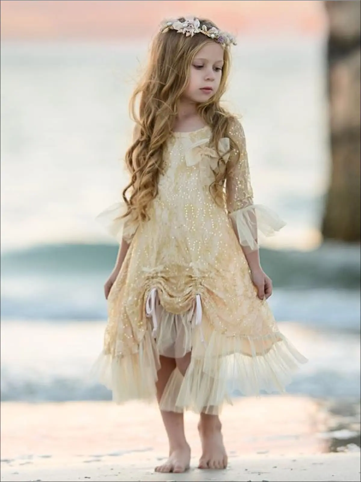 Girls Bell Sleeve Lace Hi-Lo Drawstring Ruffled Dress - Image 2