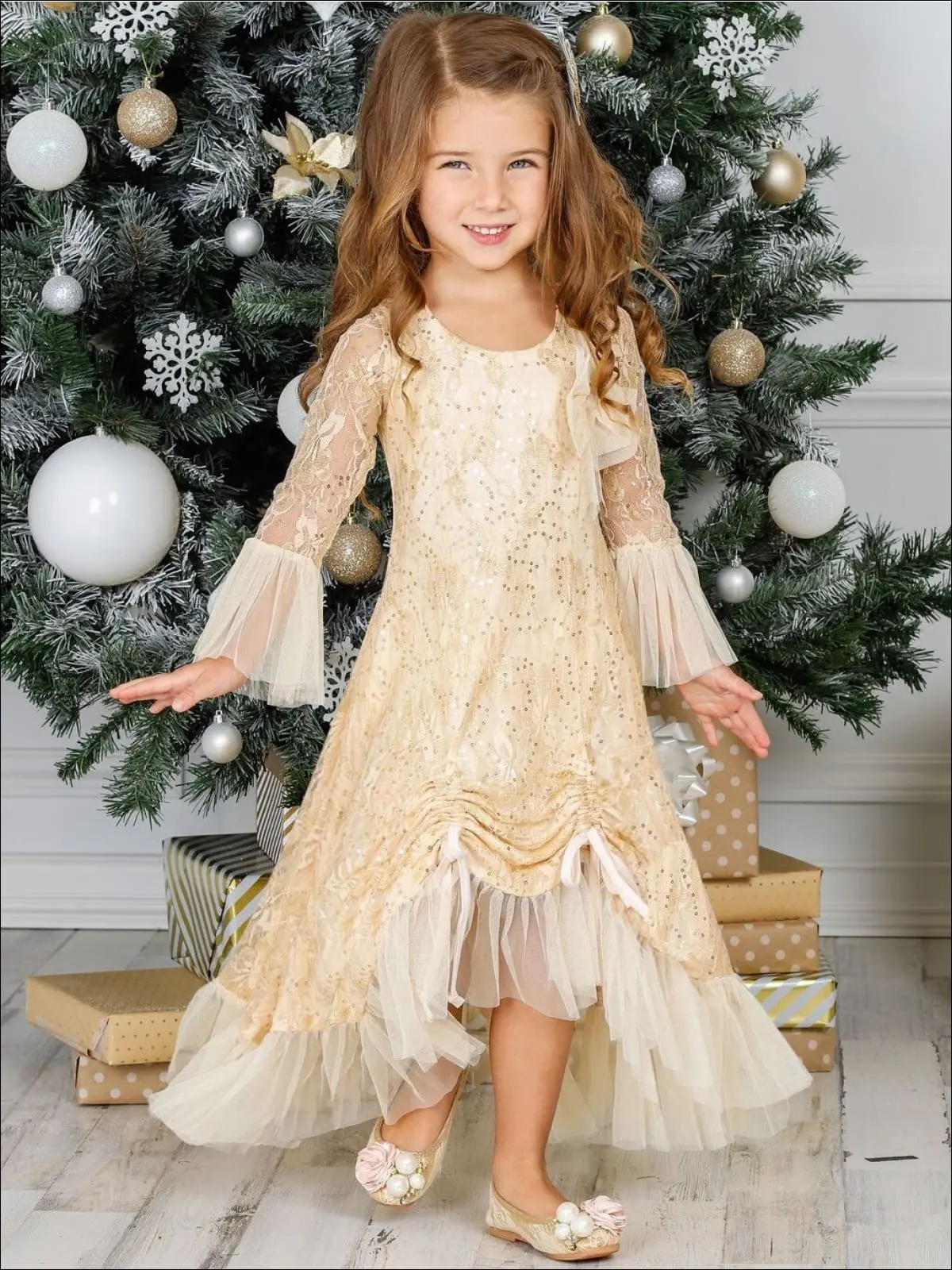 Girls Bell Sleeve Lace Hi-Lo Drawstring Ruffled Dress - Image 3