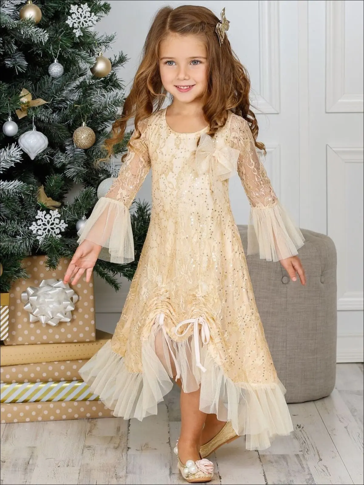 Girls Bell Sleeve Lace Hi-Lo Drawstring Ruffled Dress - Image 4