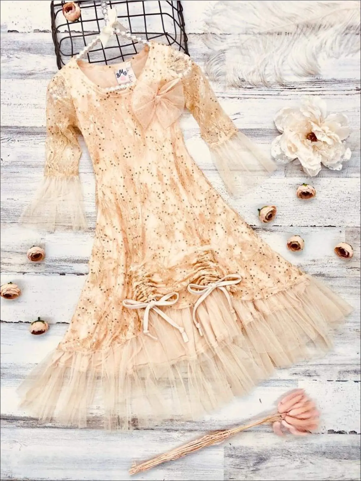 Girls Bell Sleeve Lace Hi-Lo Drawstring Ruffled Dress - Image 5