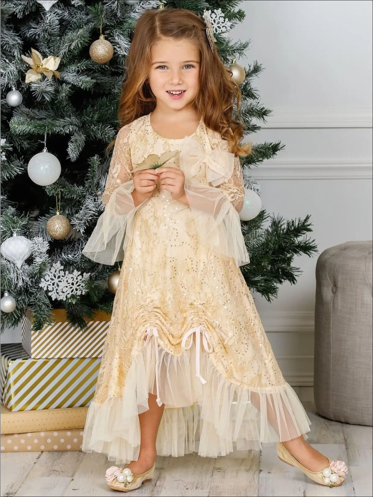 Girls Bell Sleeve Lace Hi-Lo Drawstring Ruffled Dress - Image 6
