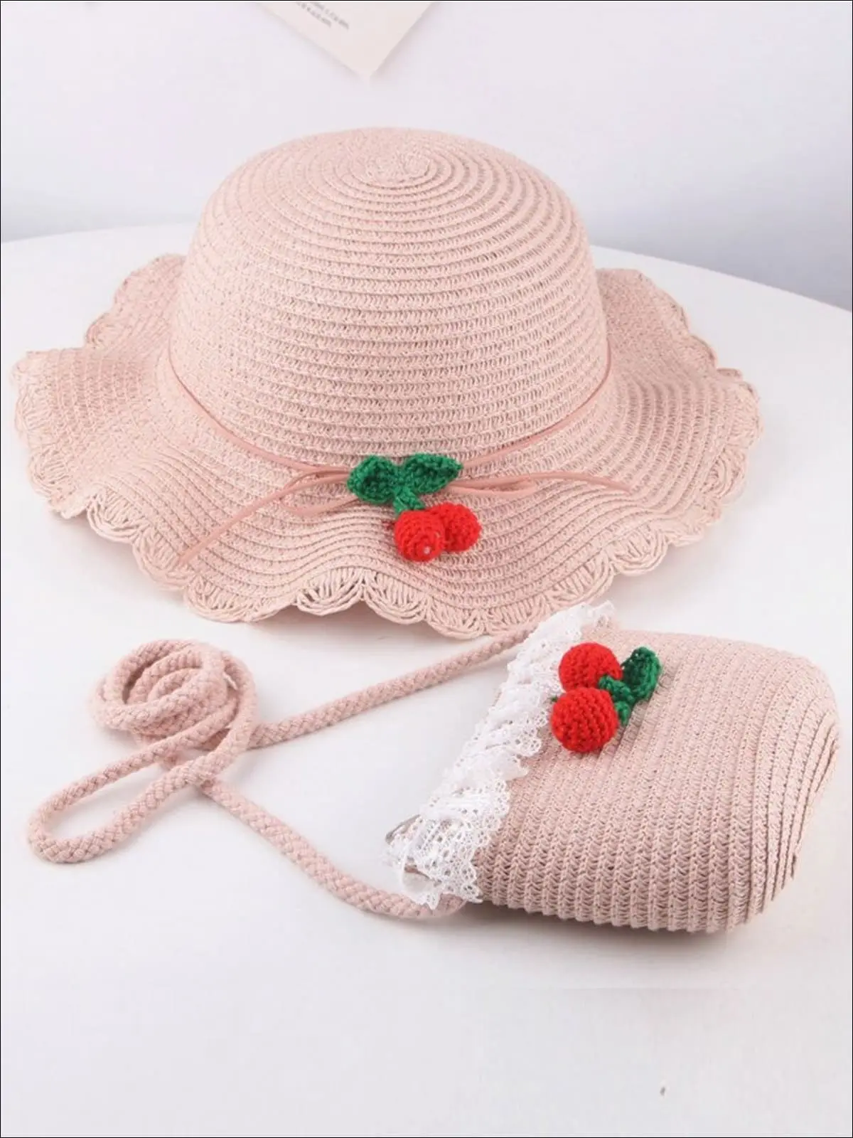 Girls Retro Straw Hat and Matching Mini Purse With Cherries - Image 3