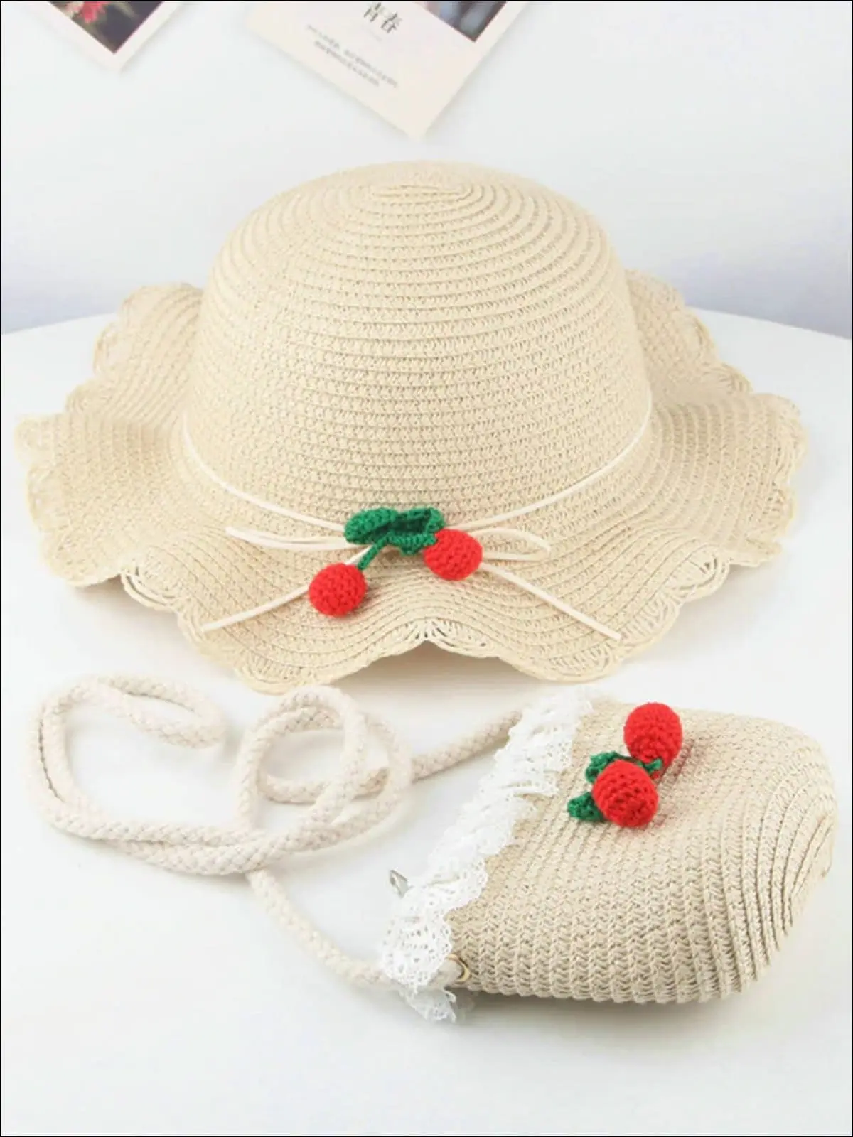 Girls Retro Straw Hat and Matching Mini Purse With Cherries - Image 4
