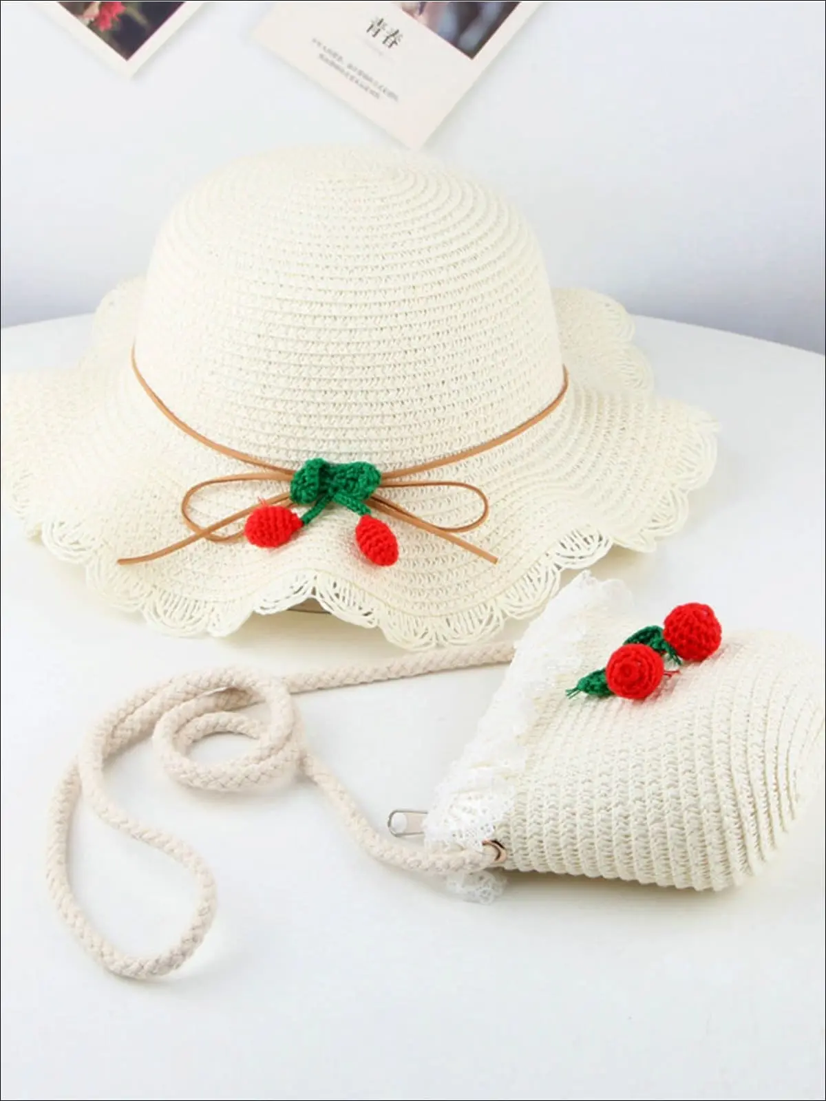 Girls Retro Straw Hat and Matching Mini Purse With Cherries - Image 5