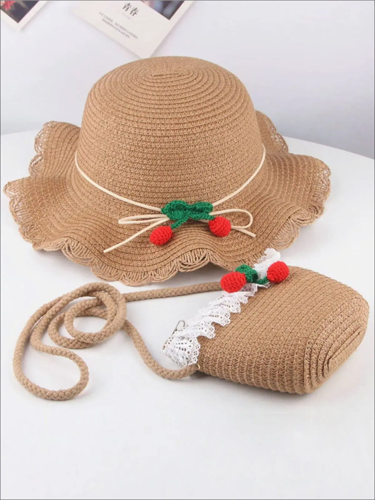 Girls Retro Straw Hat and Matching Mini Purse With Cherries - Image 6
