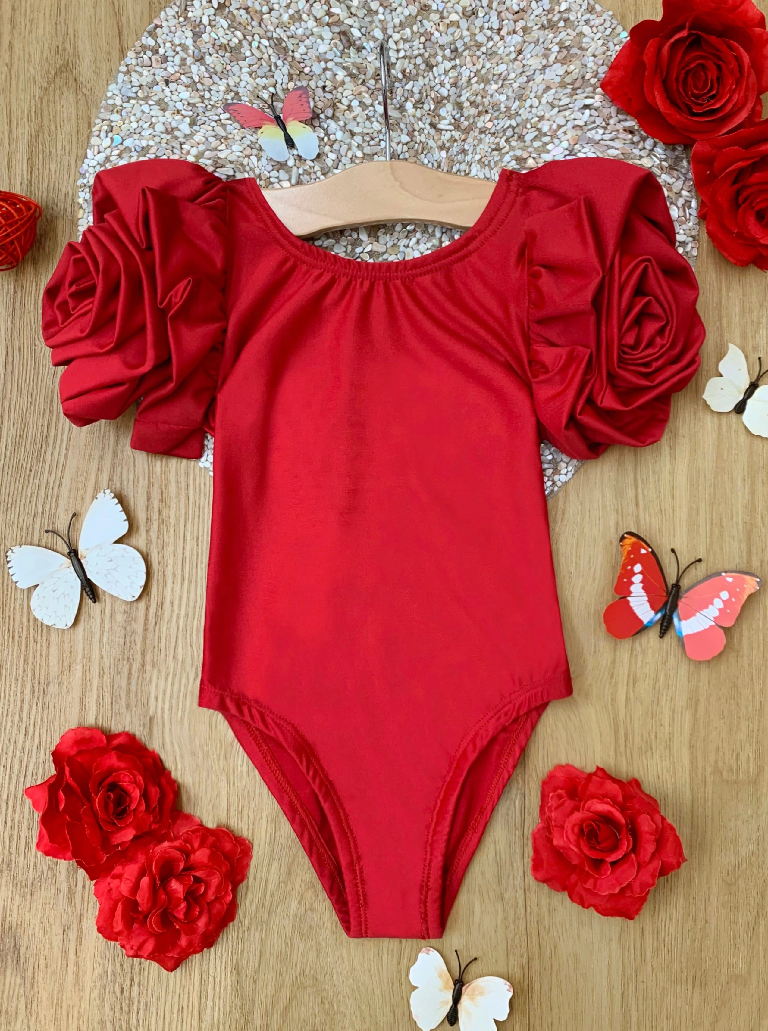 Blooming Rose Sleeve Red One Piece Swimsuit - Image 4