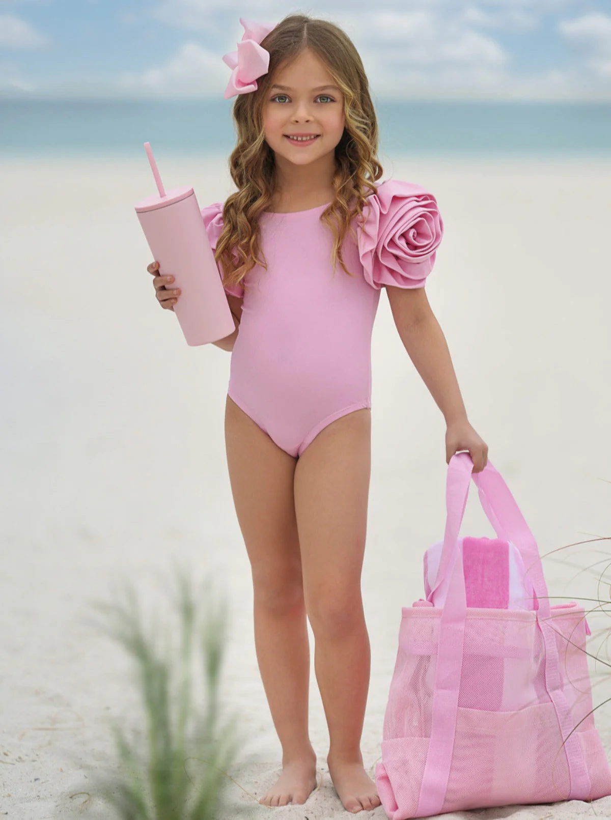 Blooming Rose Sleeve Light Pink One Piece Swimsuit - Image 4