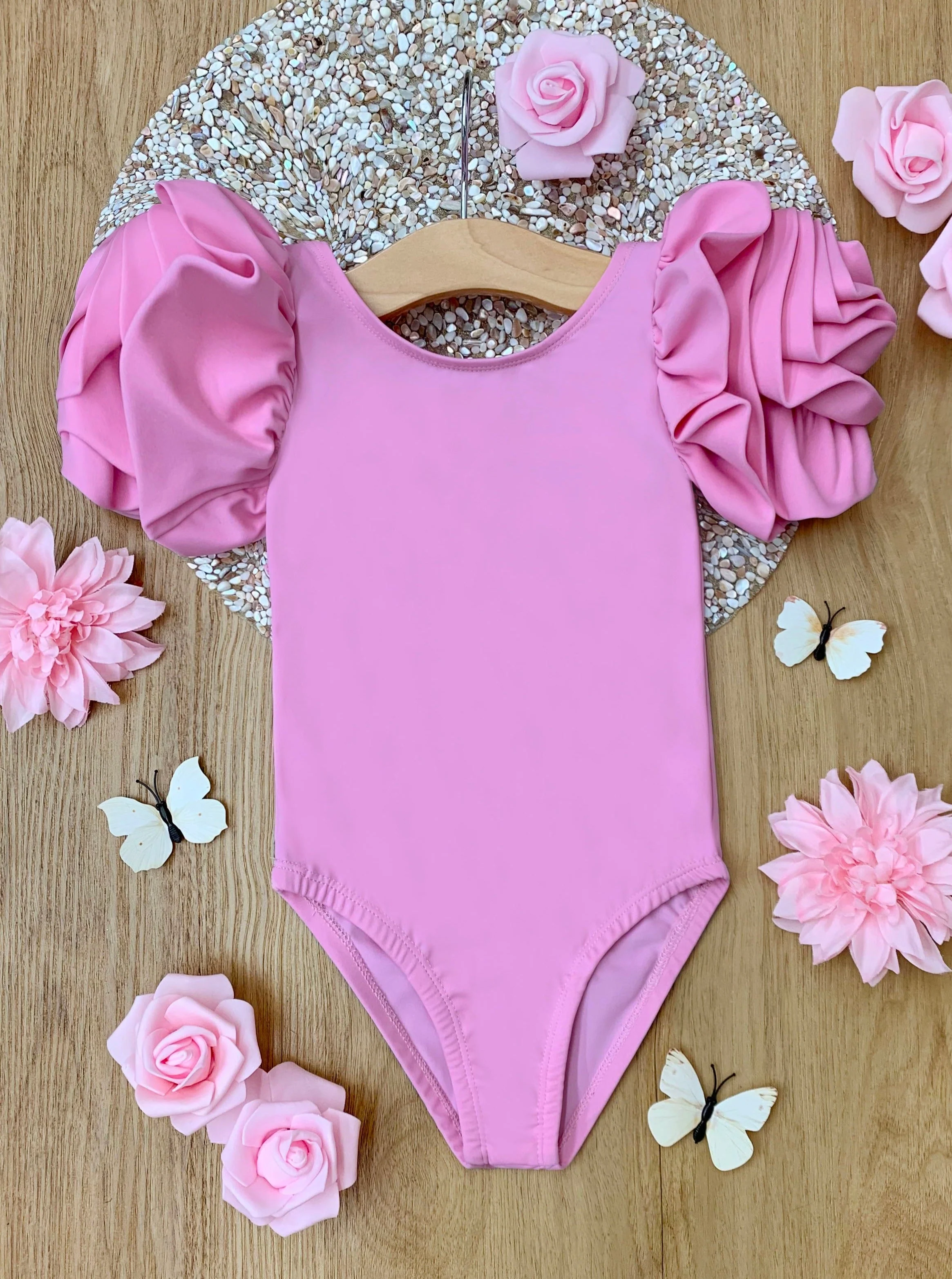 Blooming Rose Sleeve Light Pink One Piece Swimsuit - Image 6