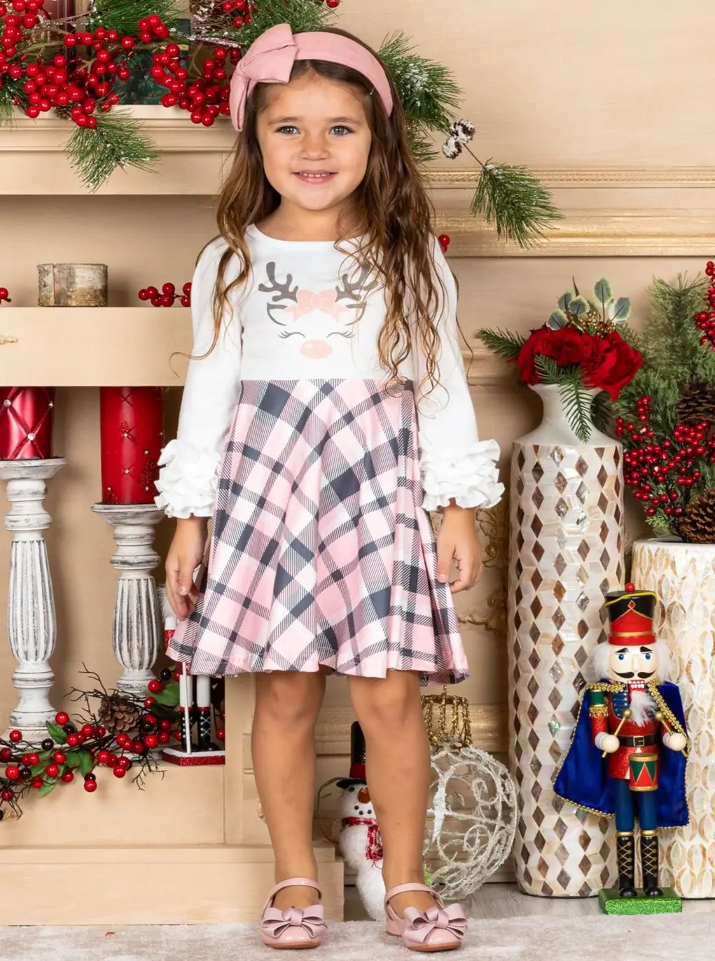Girls Rudolph Ruffled Sleeve Plaid Dress - Image 2