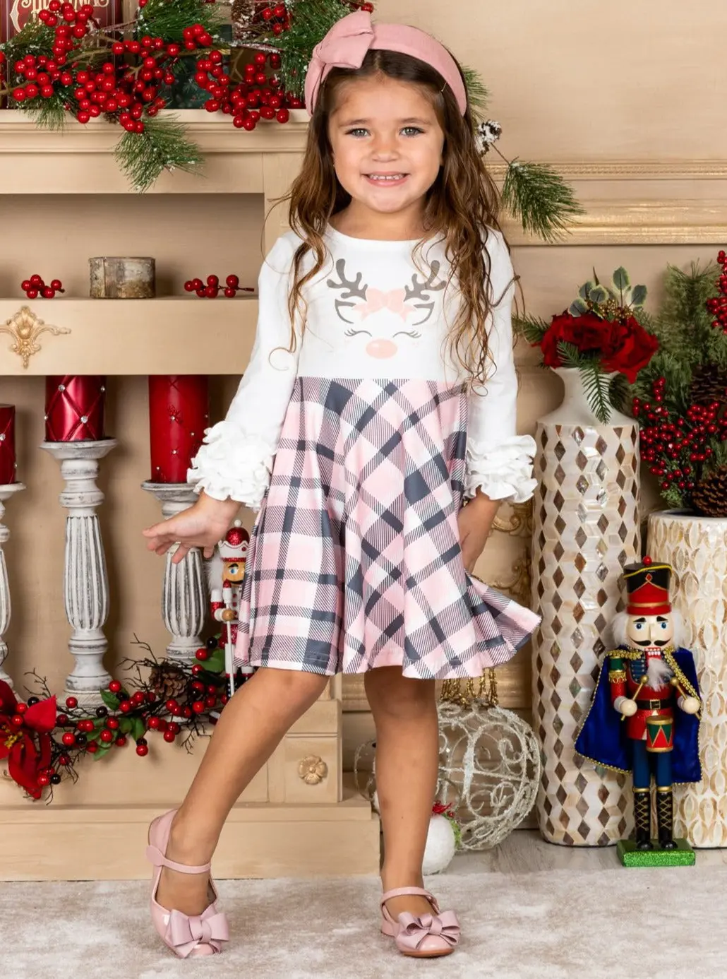 Girls Rudolph Ruffled Sleeve Plaid Dress - Image 3