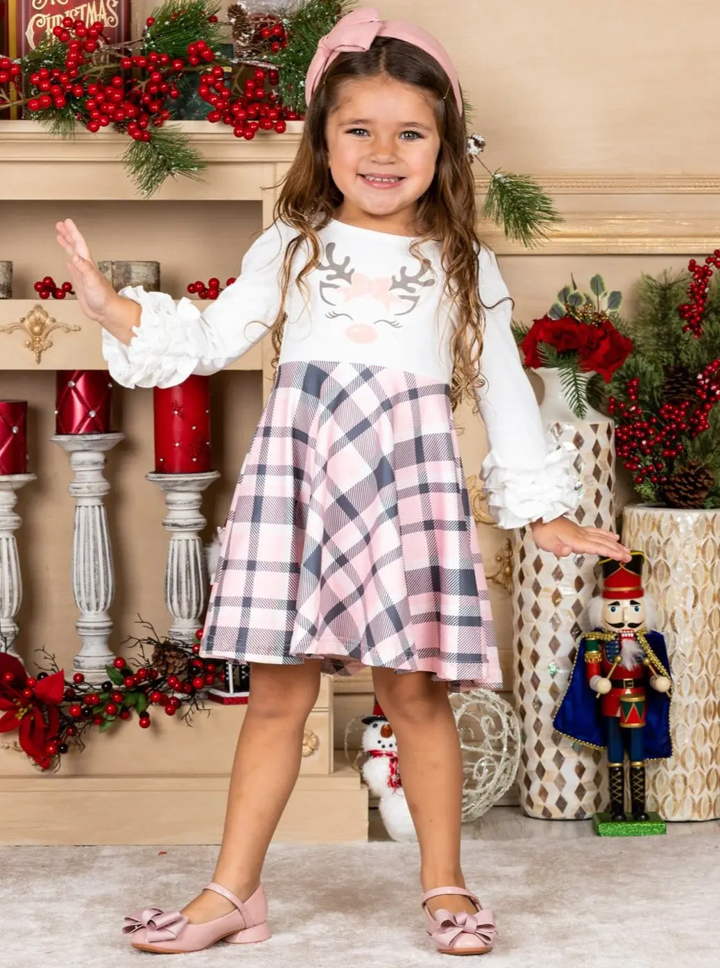 Girls Rudolph Ruffled Sleeve Plaid Dress - Image 4