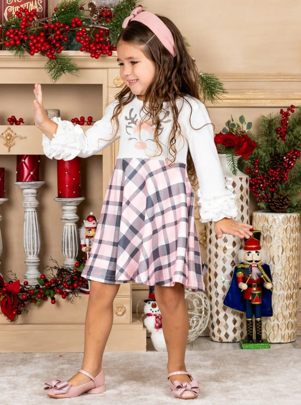 Girls Rudolph Ruffled Sleeve Plaid Dress - Image 5