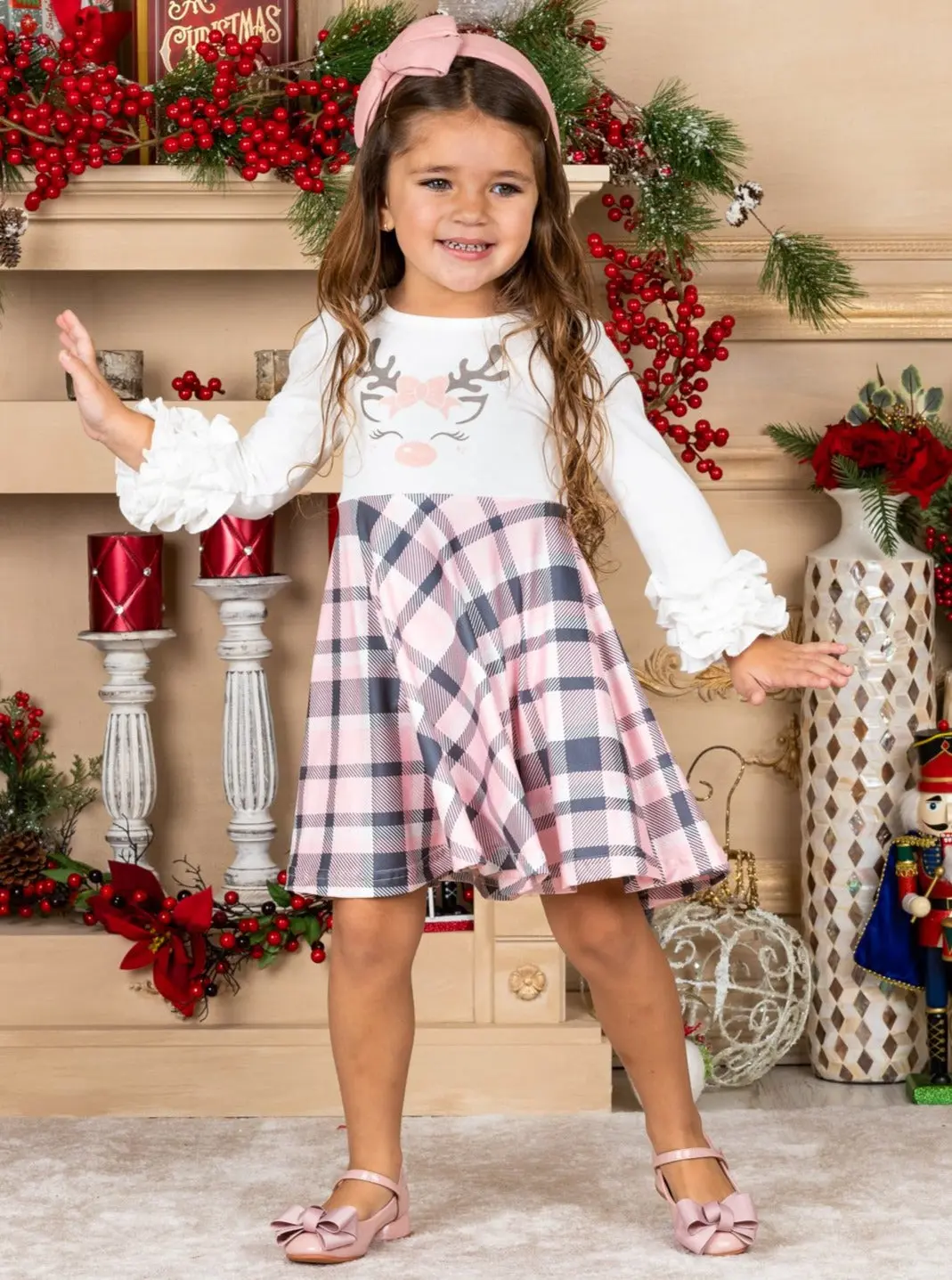 Girls Rudolph Ruffled Sleeve Plaid Dress - Image 6