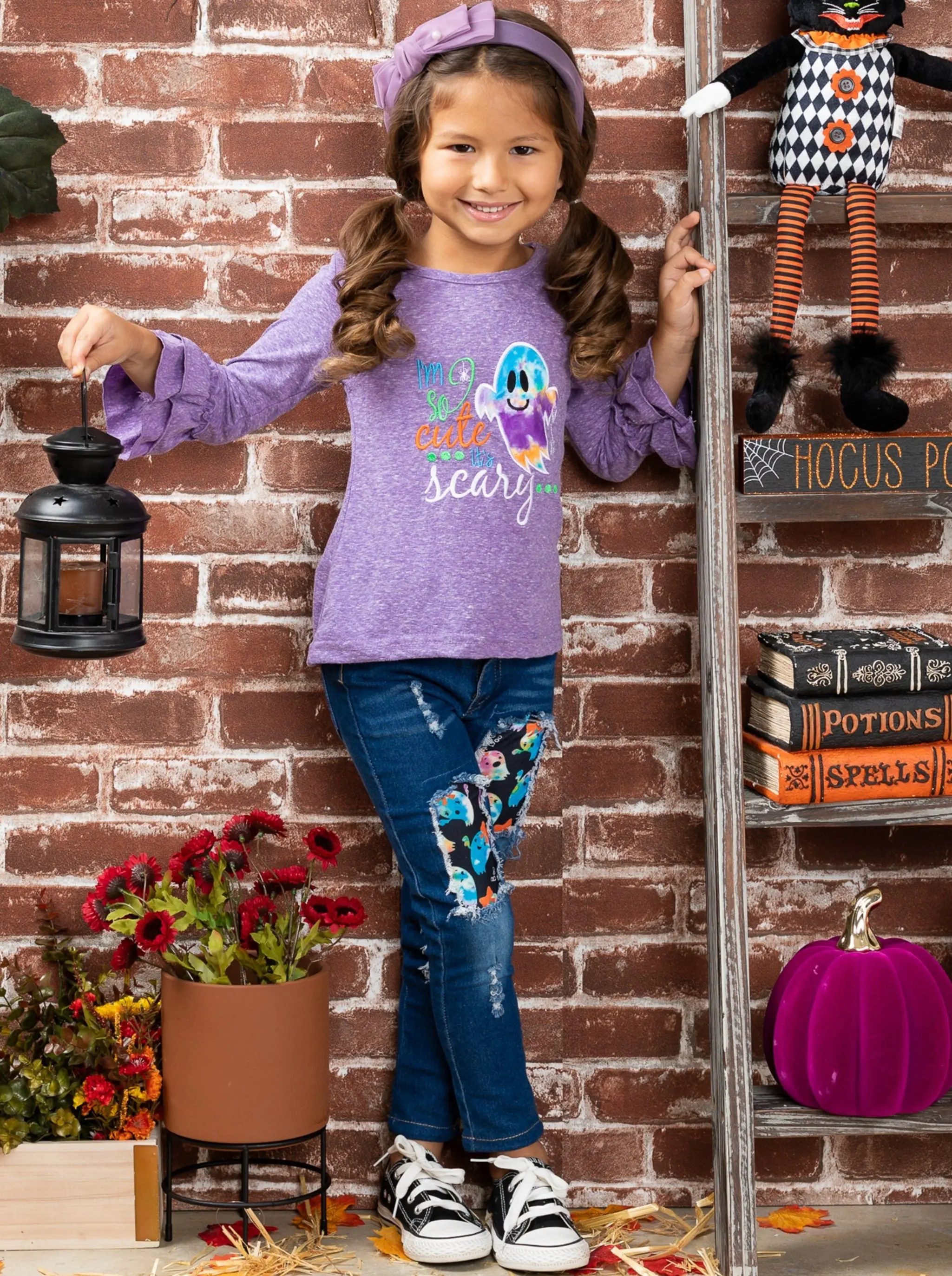 So Cute It's Scary Top and Patched Jeans Set - Image 2