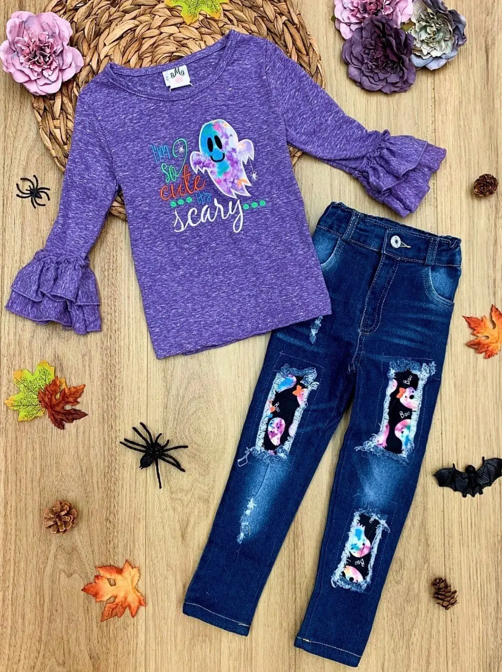 So Cute It's Scary Top and Patched Jeans Set - Image 3