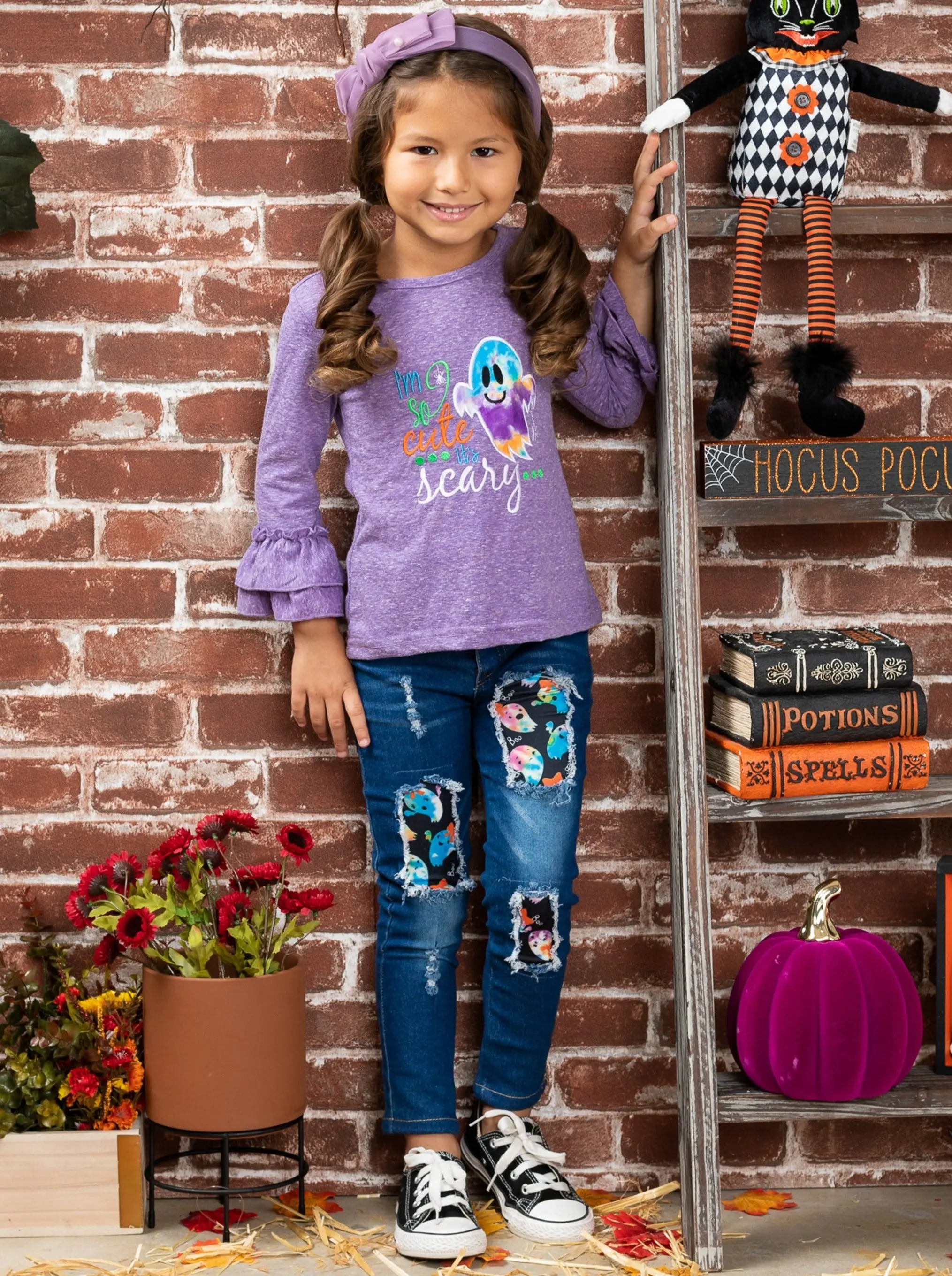 So Cute It's Scary Top and Patched Jeans Set - Image 4