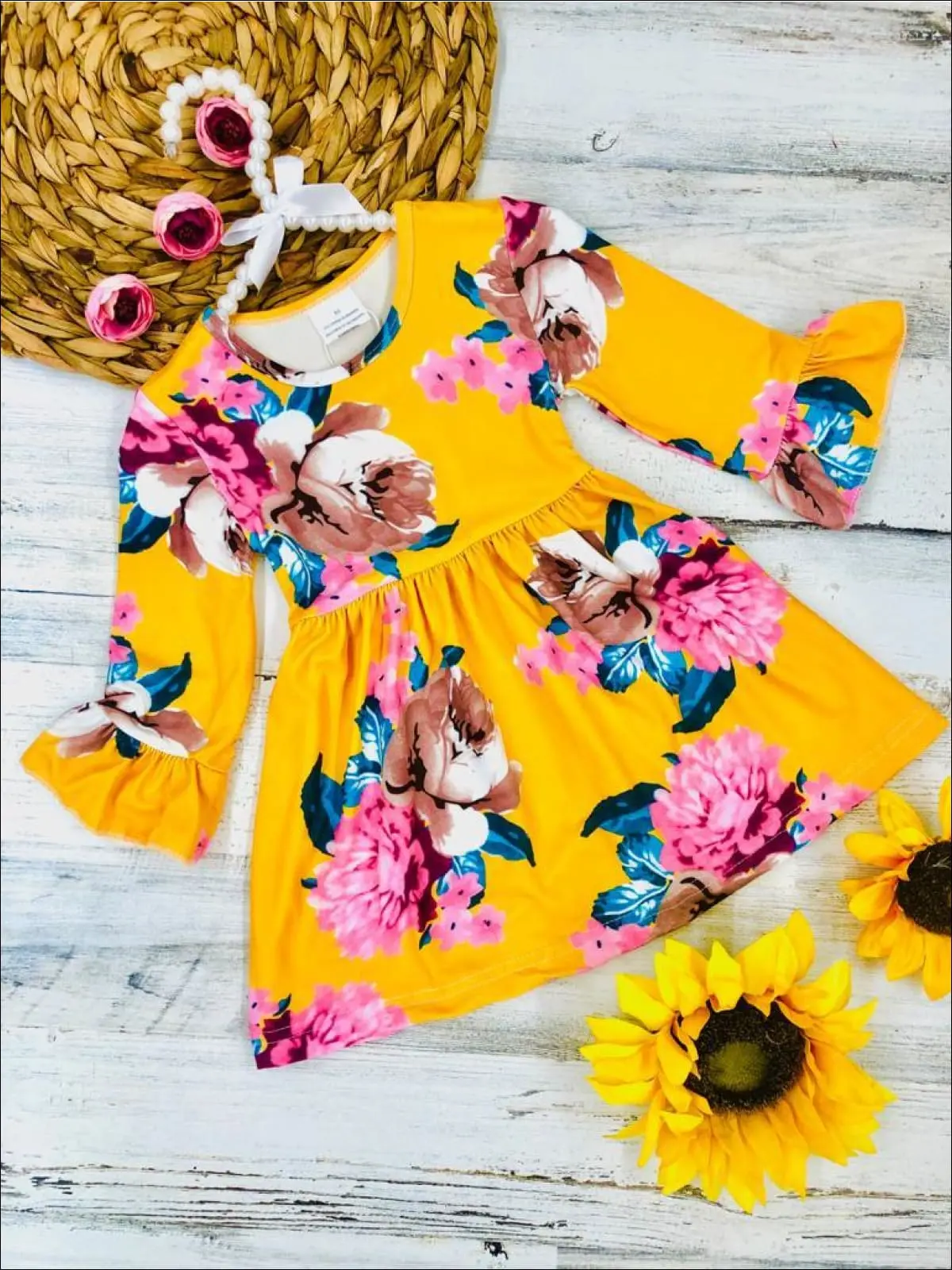 Girls Floral Ruffled Long Sleeve Dress - Image 2