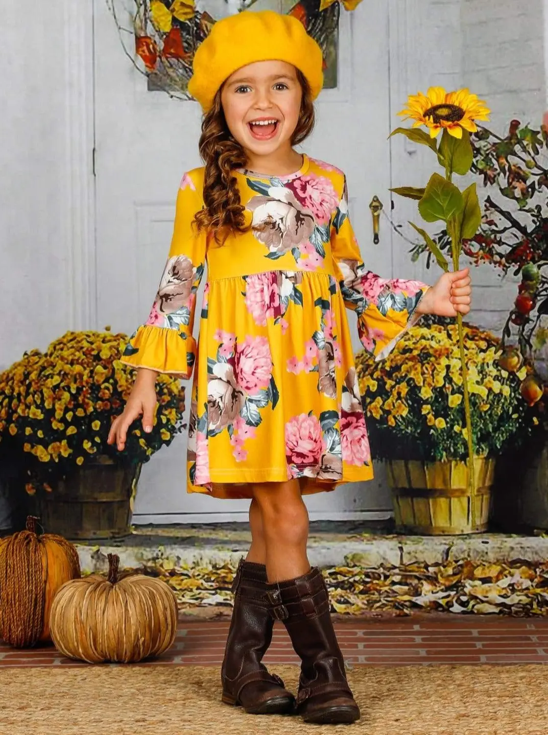 Girls Floral Ruffled Long Sleeve Dress - Image 3