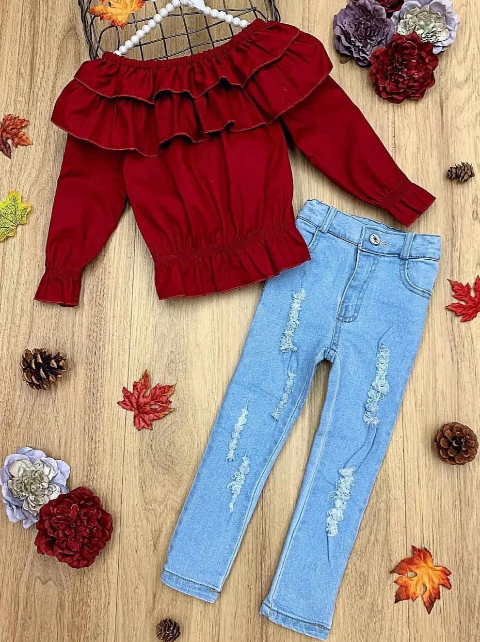 Cranberry Ruffled Bib Top And Distressed Jeans Set - Image 2