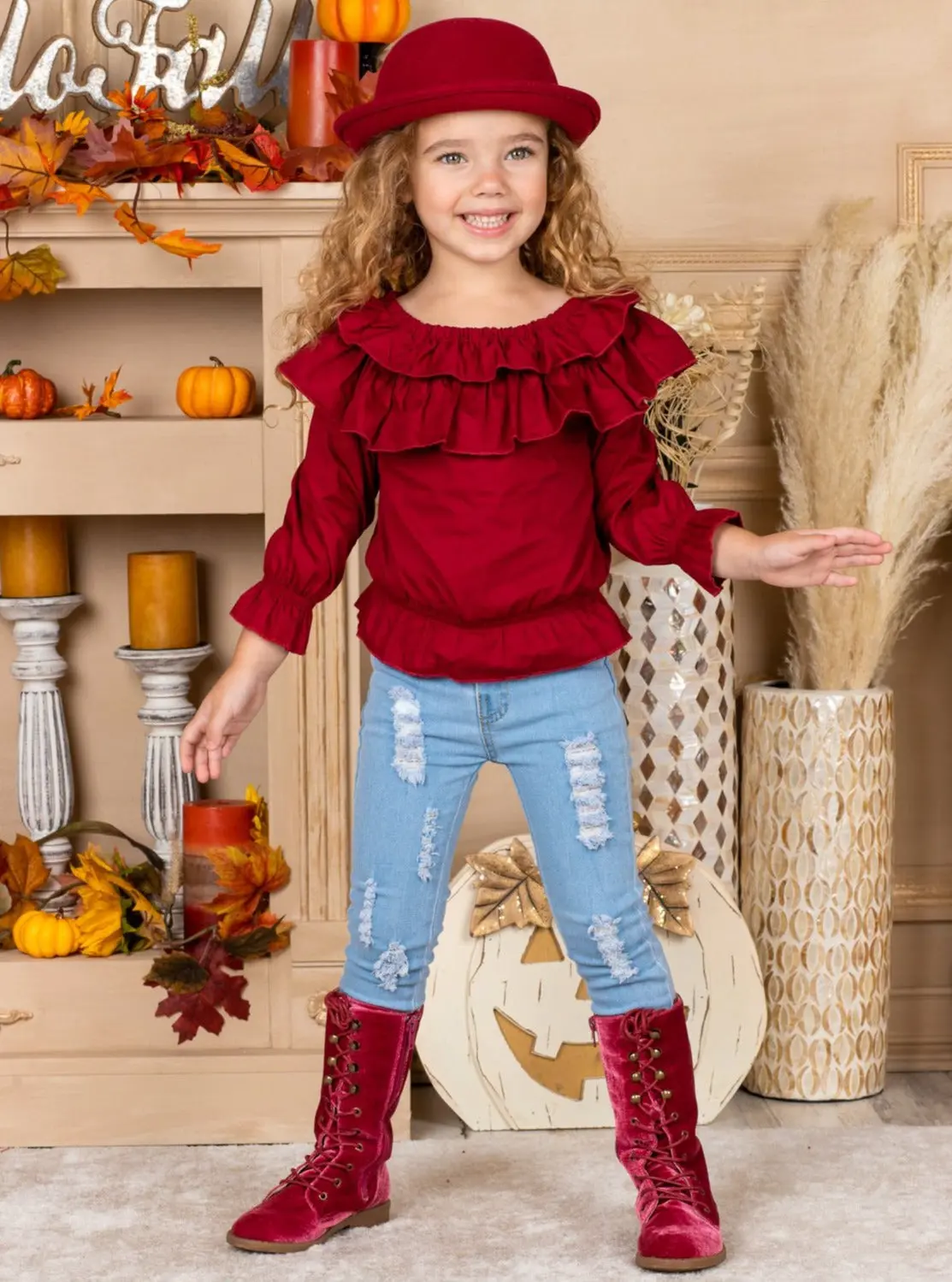 Cranberry Ruffled Bib Top And Distressed Jeans Set - Image 3