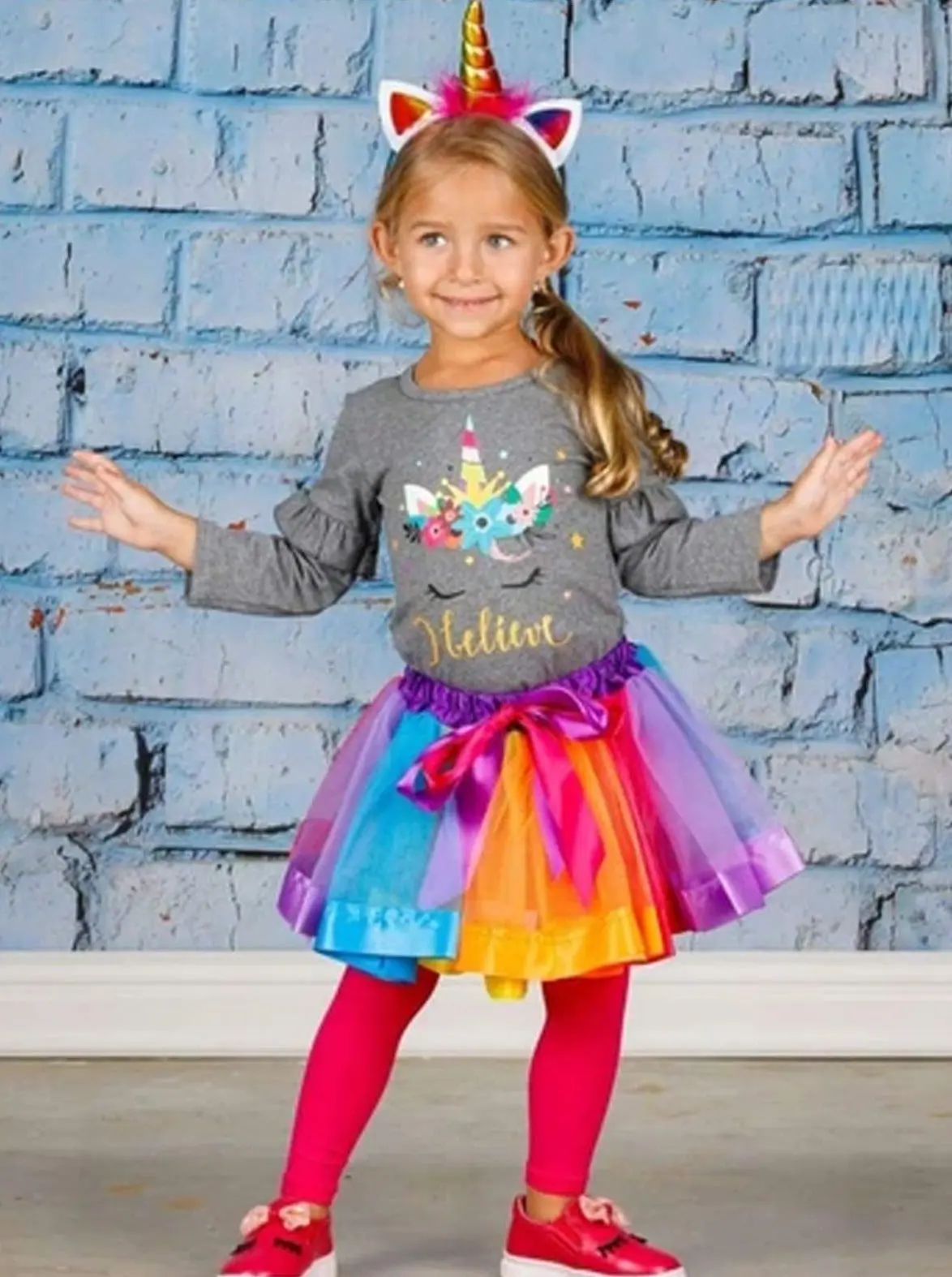 Girls Ruffled Floral "I Believe" Unicorn Top And Rainbow Tutu Skirt Set - Image 2