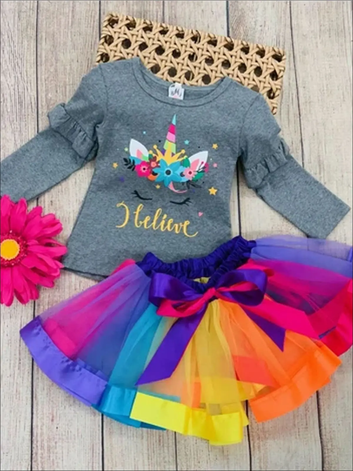 Girls Ruffled Floral "I Believe" Unicorn Top And Rainbow Tutu Skirt Set - Image 3