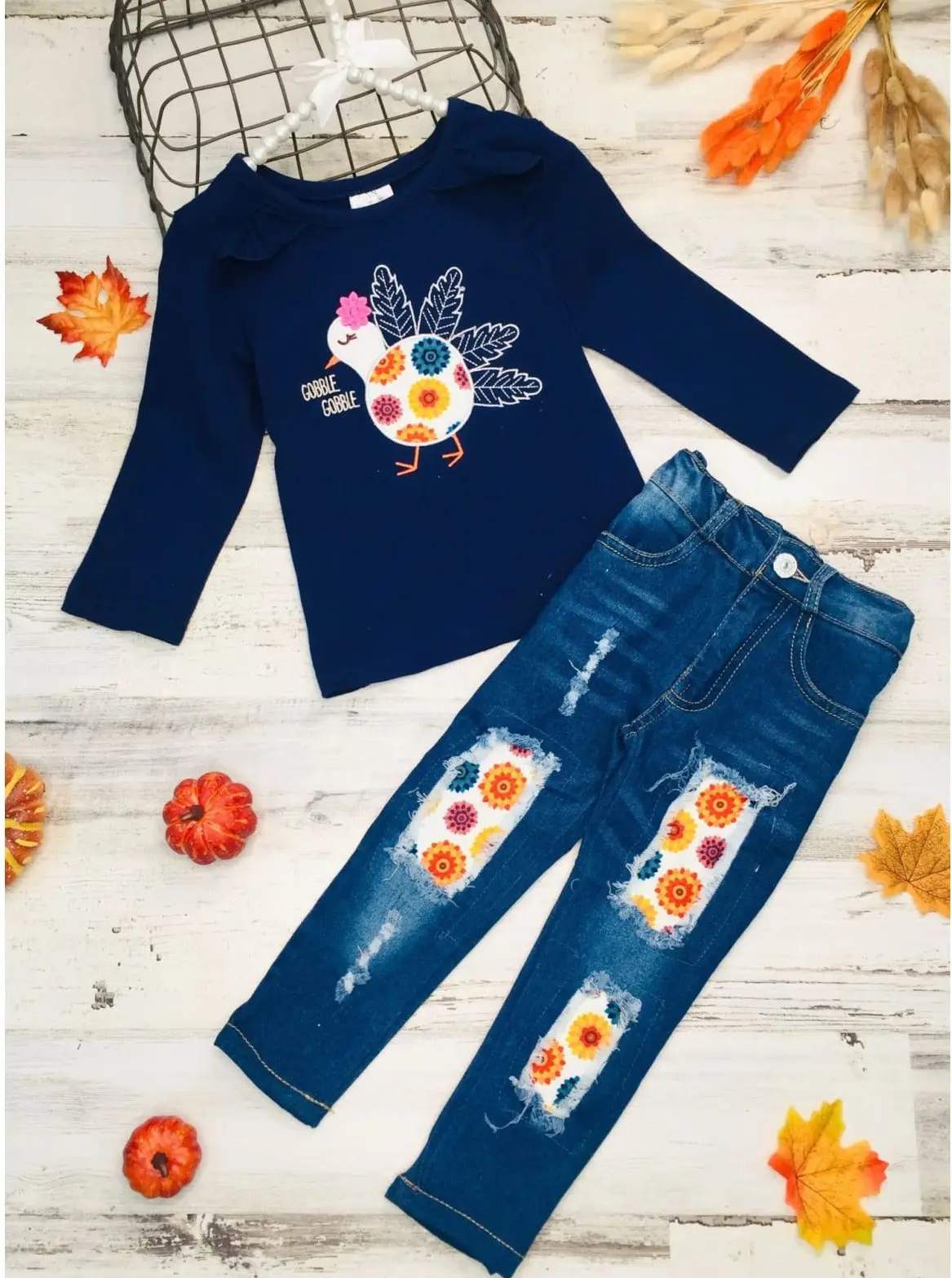 Gobble Gobble Floral Turkey Top and Patched Jeans Set - Image 2
