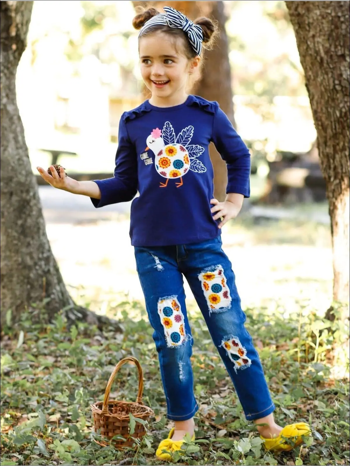 Gobble Gobble Floral Turkey Top and Patched Jeans Set - Image 3