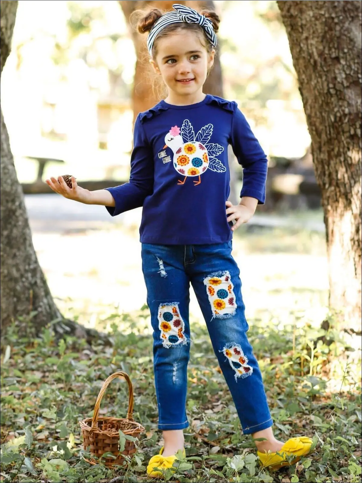 Gobble Gobble Floral Turkey Top and Patched Jeans Set - Image 4
