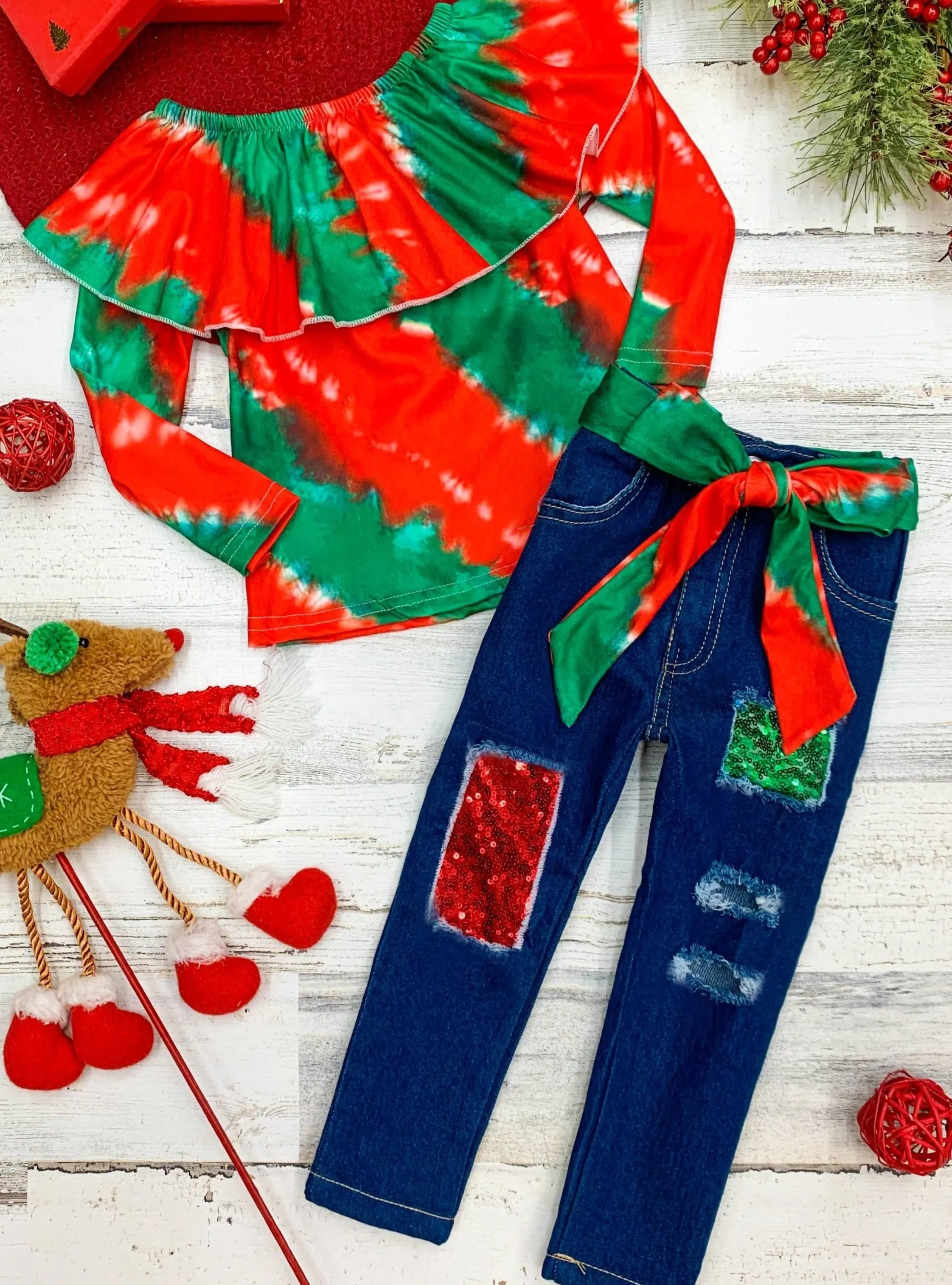 Mistletoe Tie Dye Sparkle Patched Jeans Set - Image 2